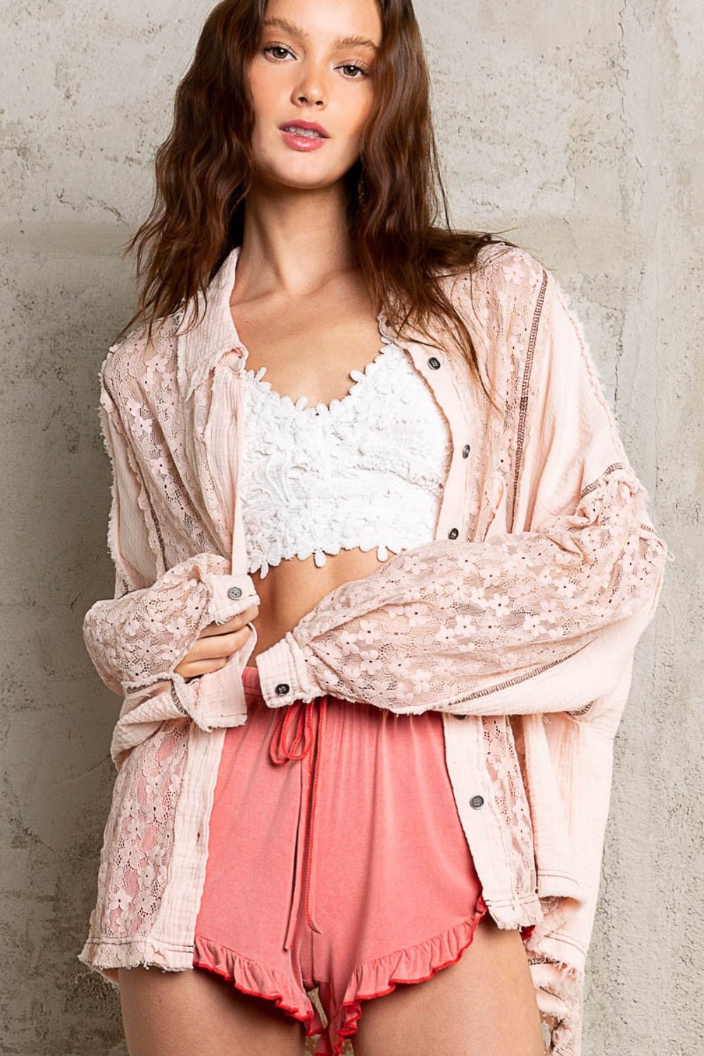 Oversized Lace Button-Down Shirt in Baby PinkShirtPOL