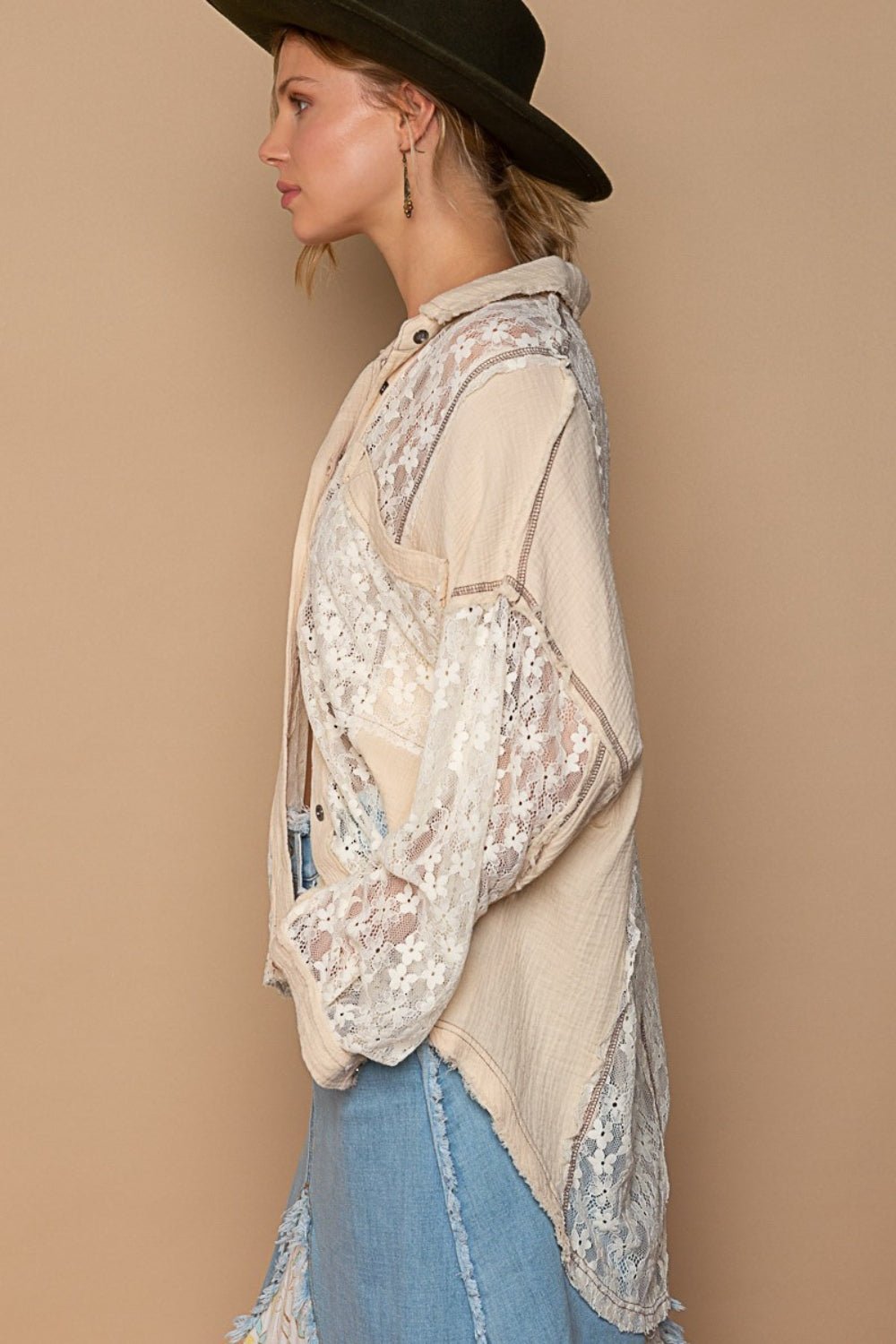 Oversized Lace Button-Down Shirt in SandShirtPOL