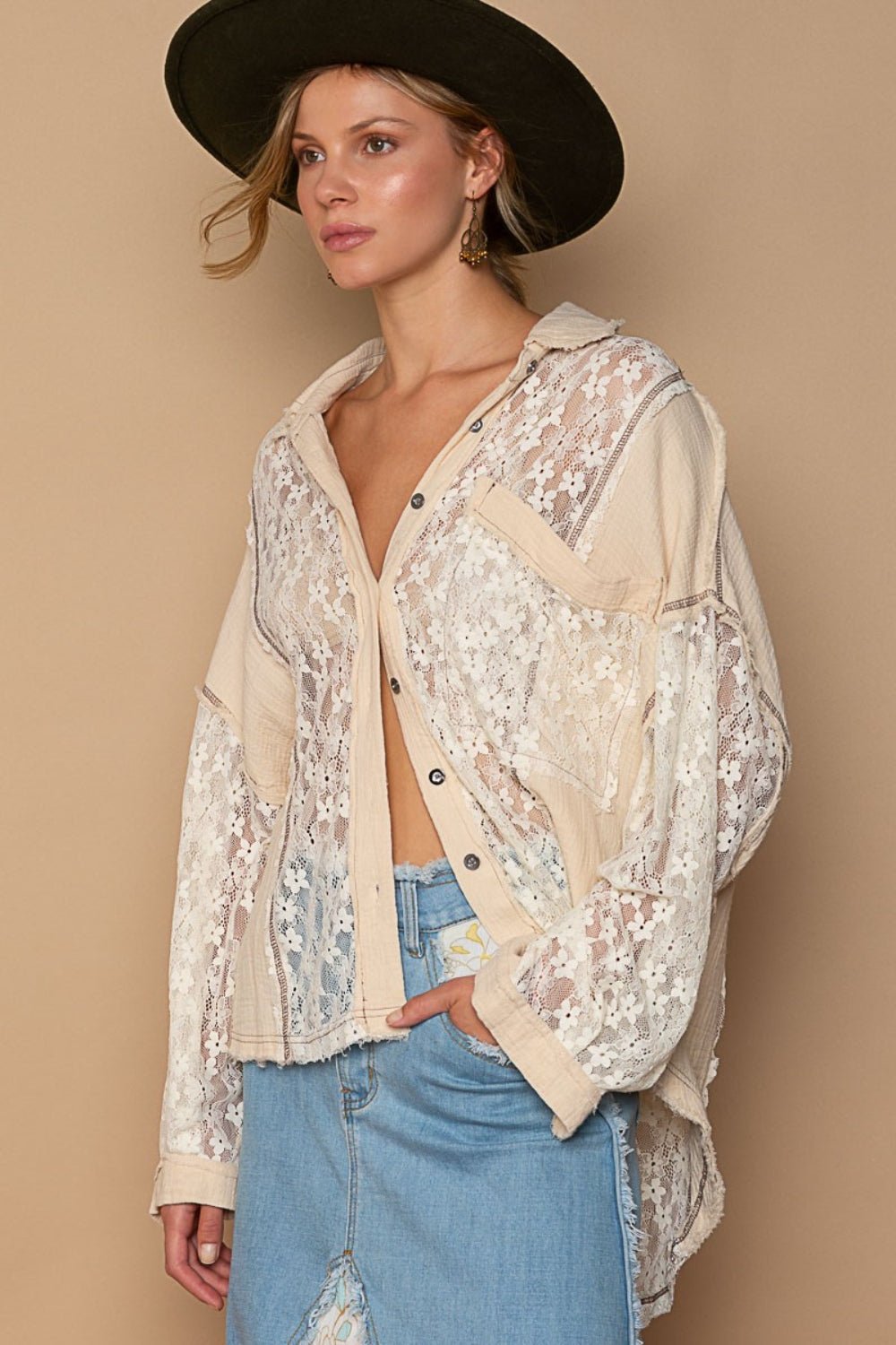 Oversized Lace Button-Down Shirt in SandShirtPOL