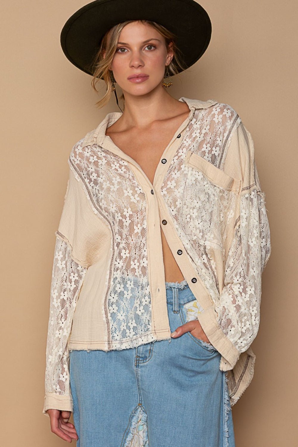 Oversized Lace Button-Down Shirt in SandShirtPOL