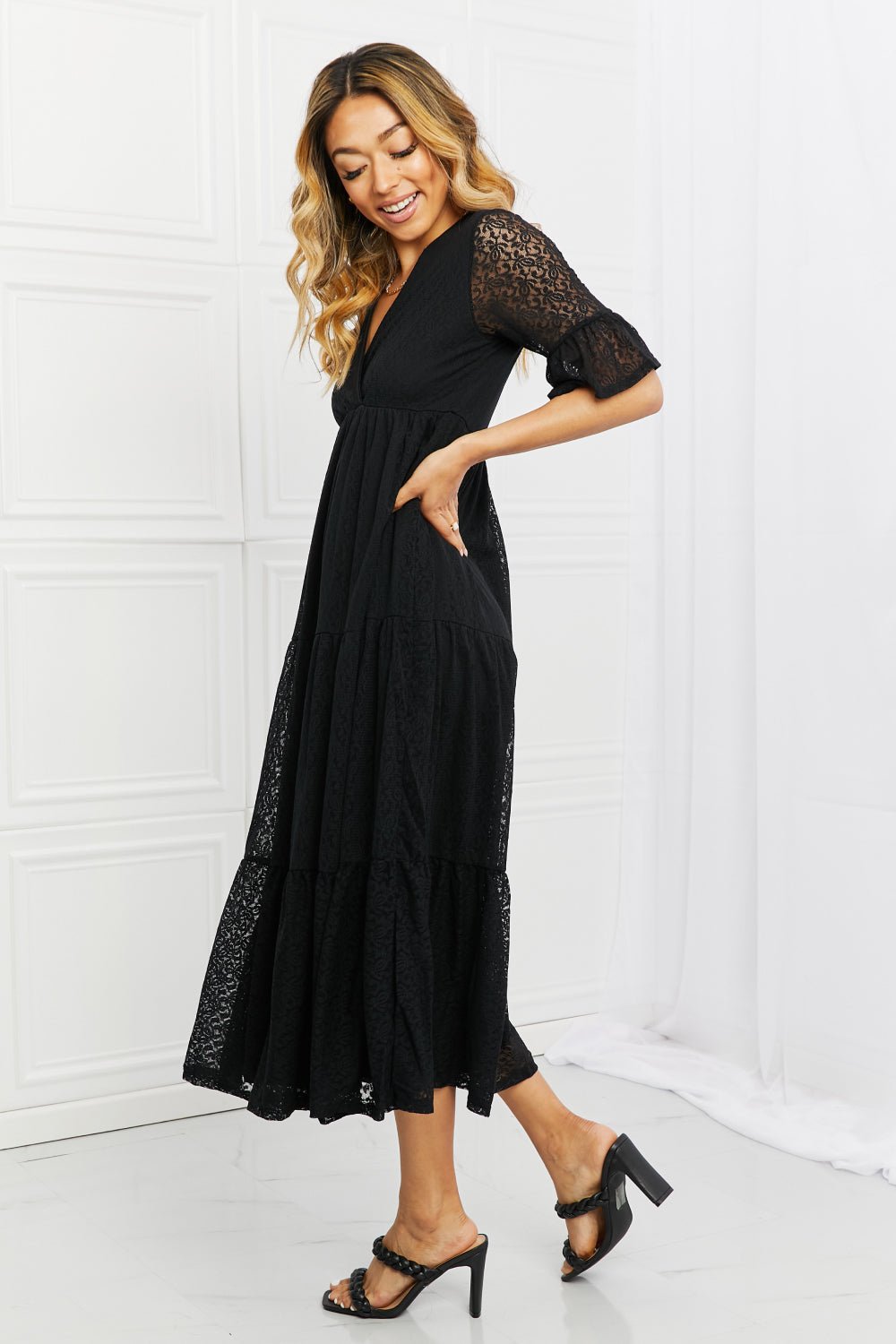 P & RoseLace Empire Waist Midi Dress in Black