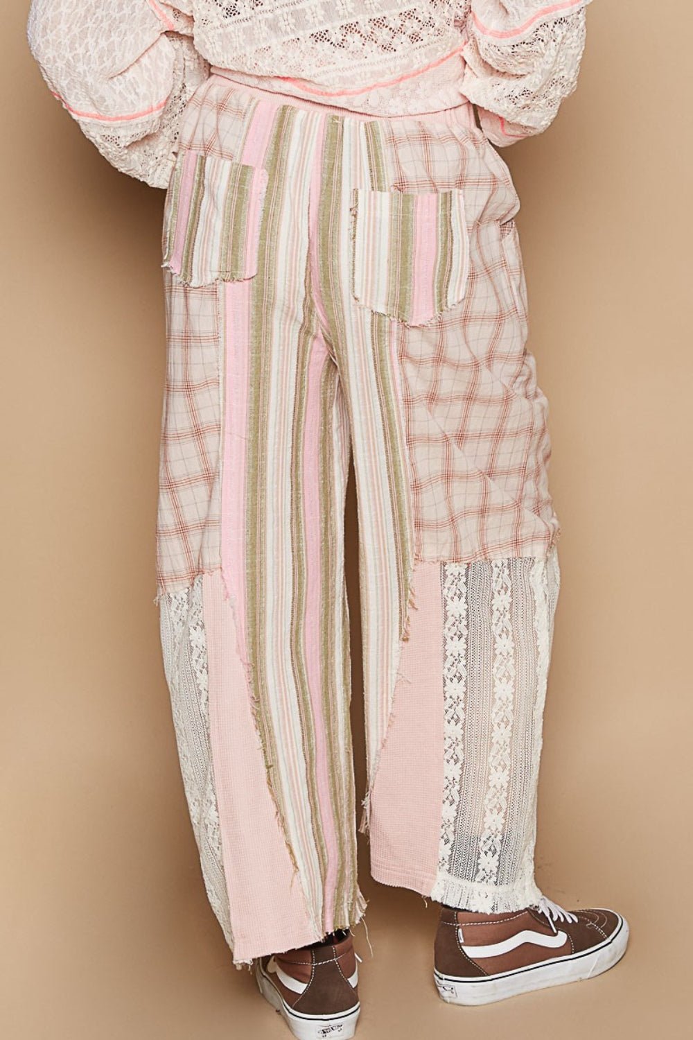 Patchwork Plaid & Lace Straight Leg Pants in Light PinkPantsPOL
