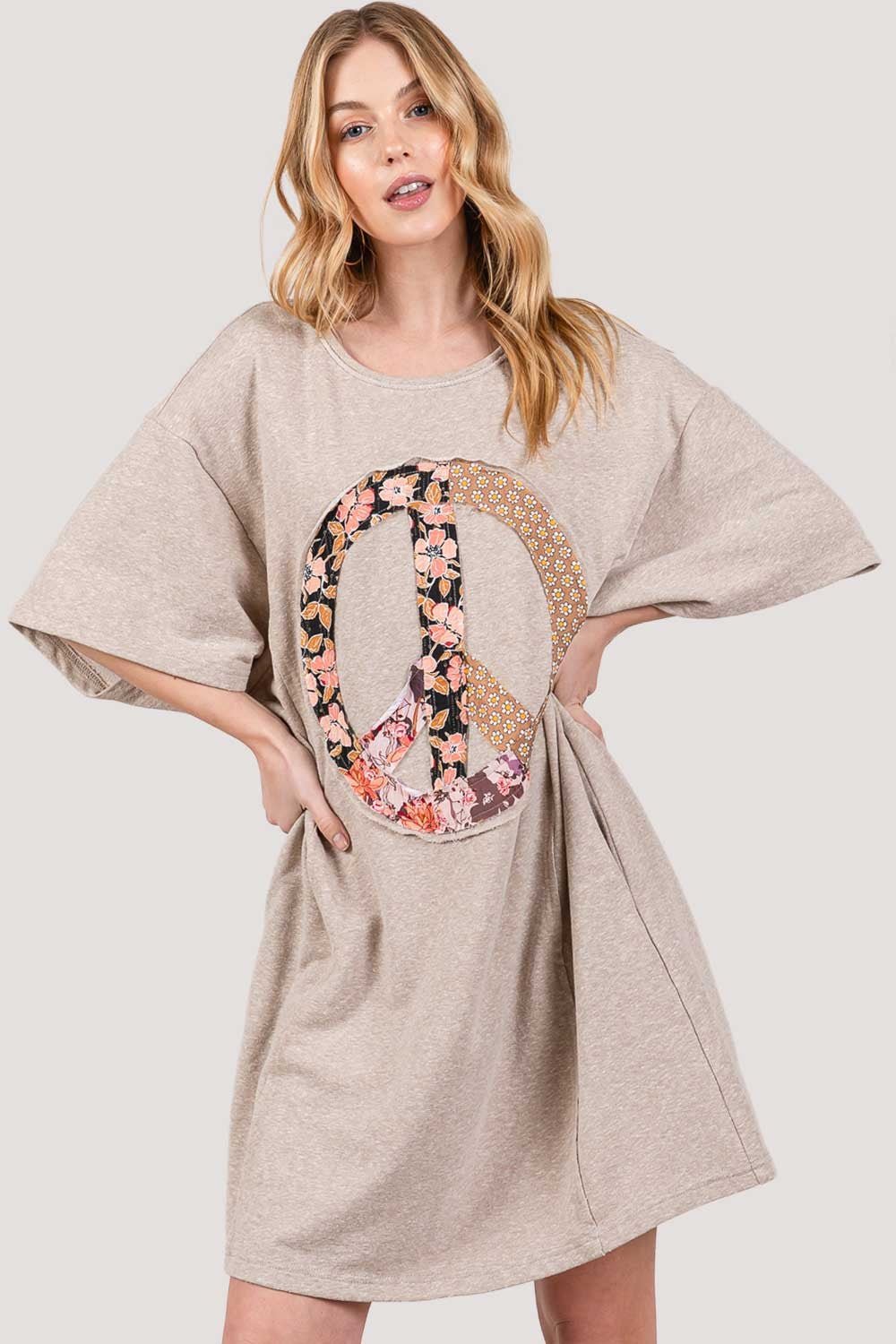 Peace Sign Applique Short Sleeve Mini Tee Dress in OatmealMini DressSAGE+FIG