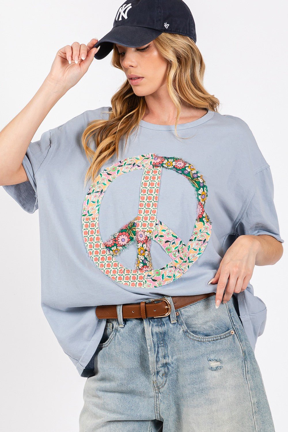 Peace Sign Crew Neck Half Sleeve T-Shirt in Dusty BlueT-ShirtSAGE+FIG