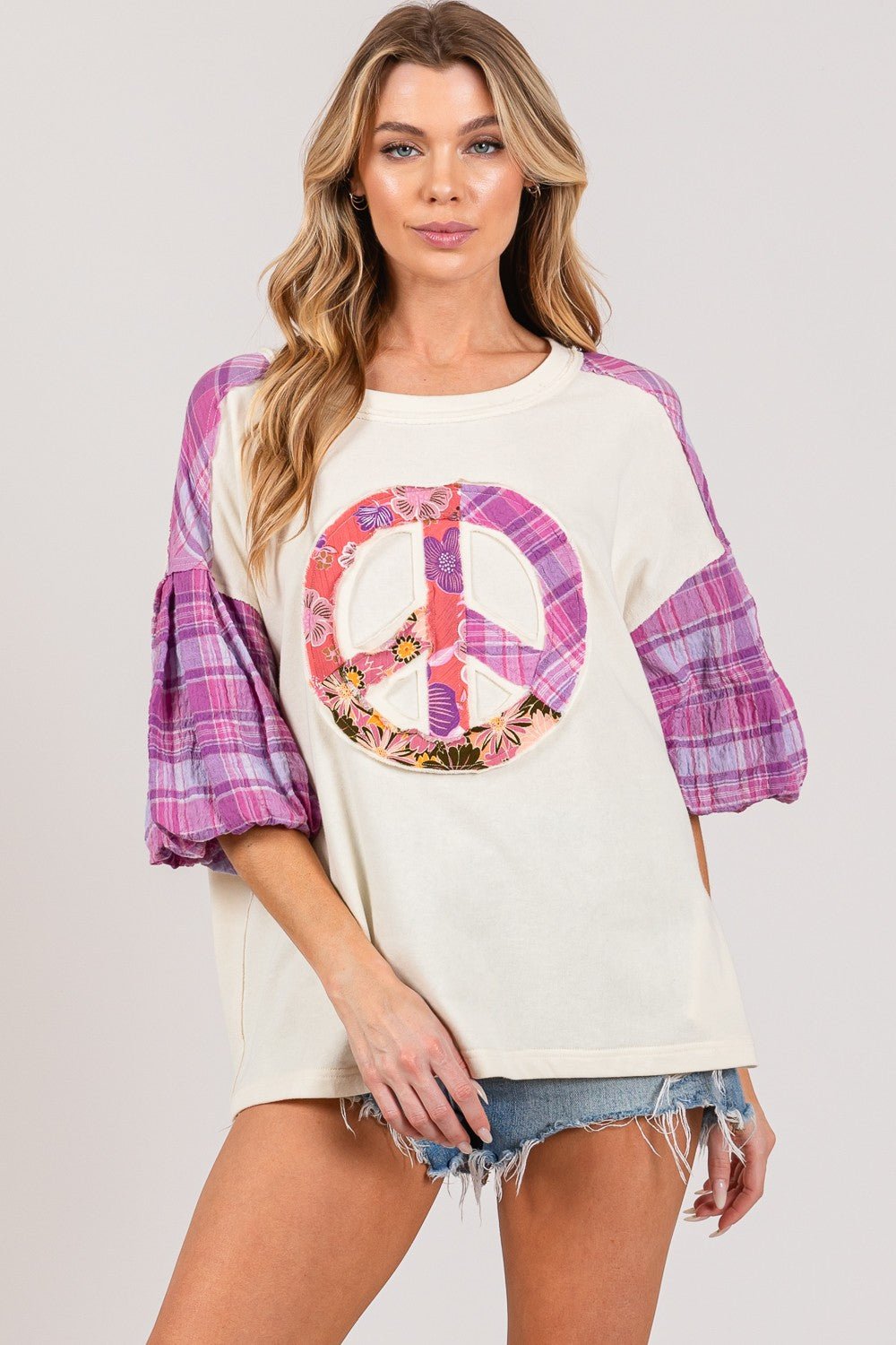 Peace Sign Plaid Contrast Top in PurpleTopSAGE+FIG