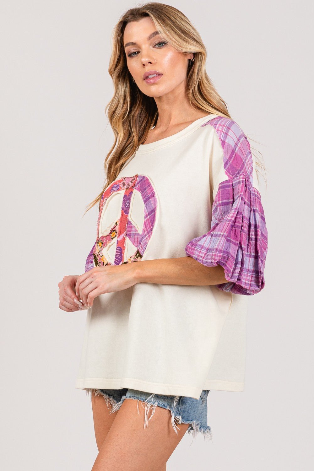 Peace Sign Plaid Contrast Top in PurpleTopSAGE+FIG