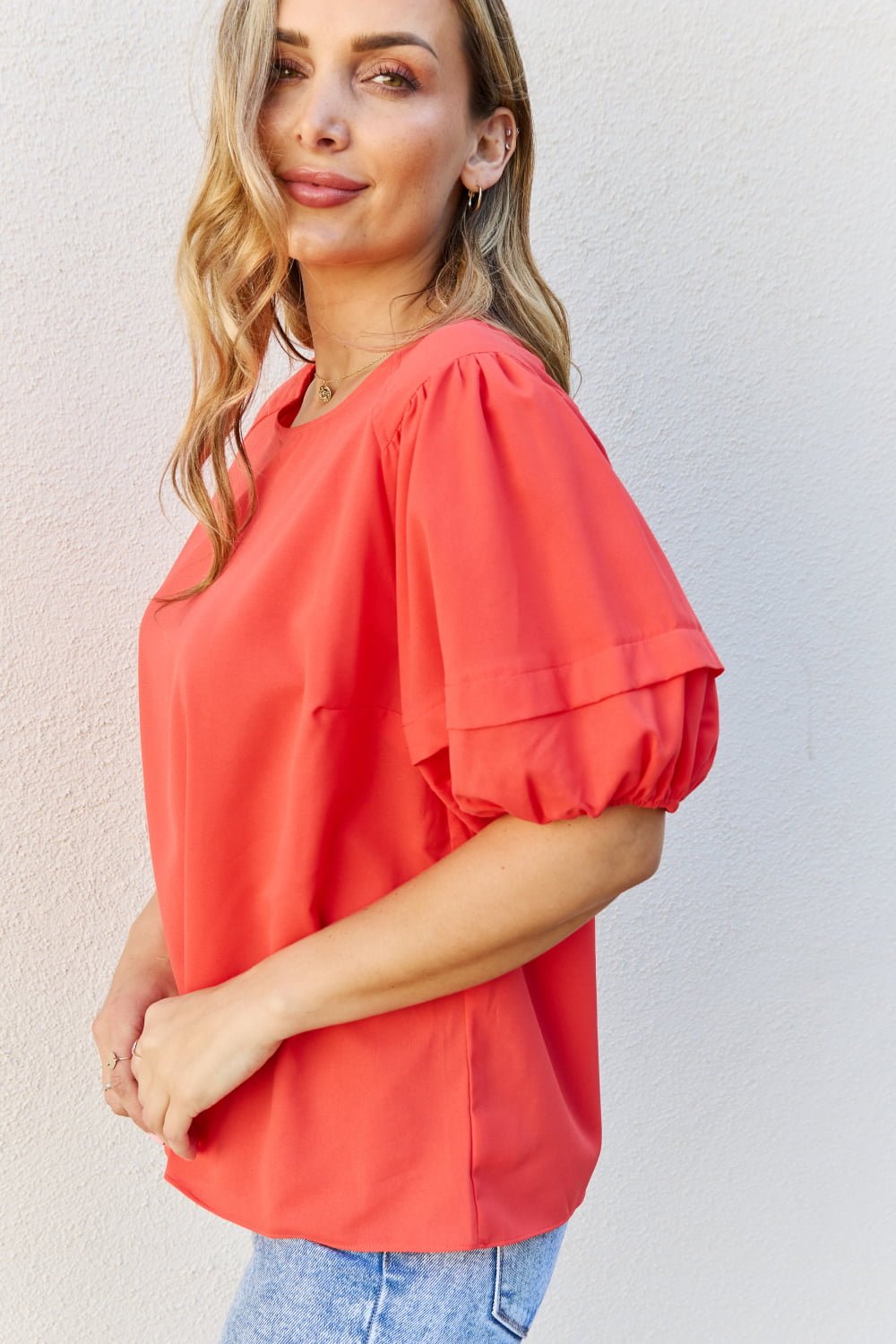 Petal Dew - Puff Short Sleeve Top In Orange - Red