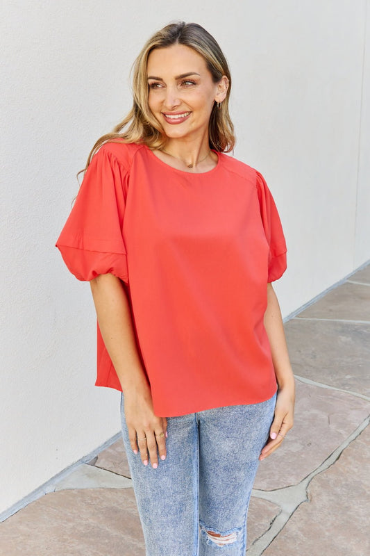 Petal Dew - Puff Short Sleeve Top In Orange - Red