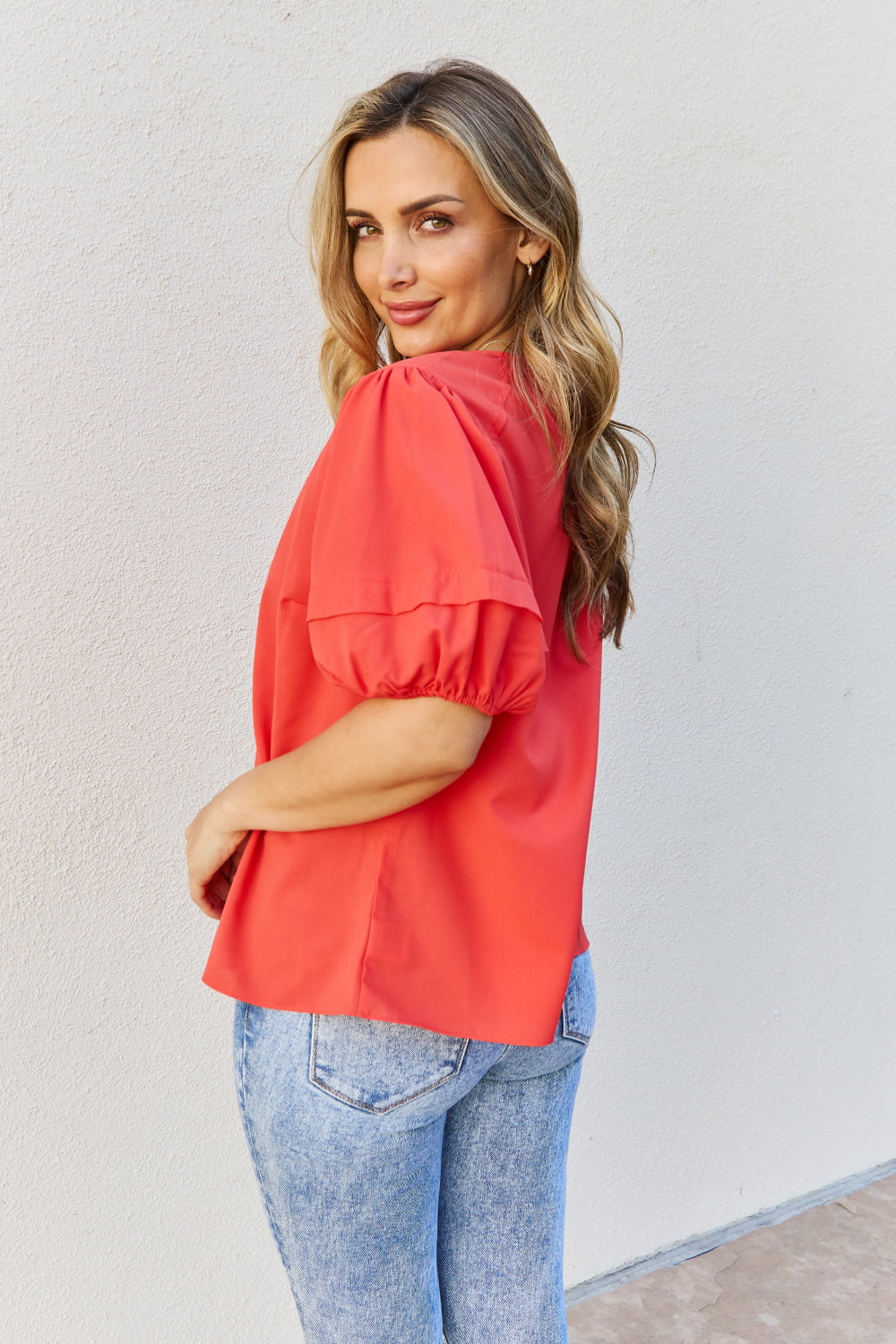 Petal Dew - Puff Short Sleeve Top In Orange - Red