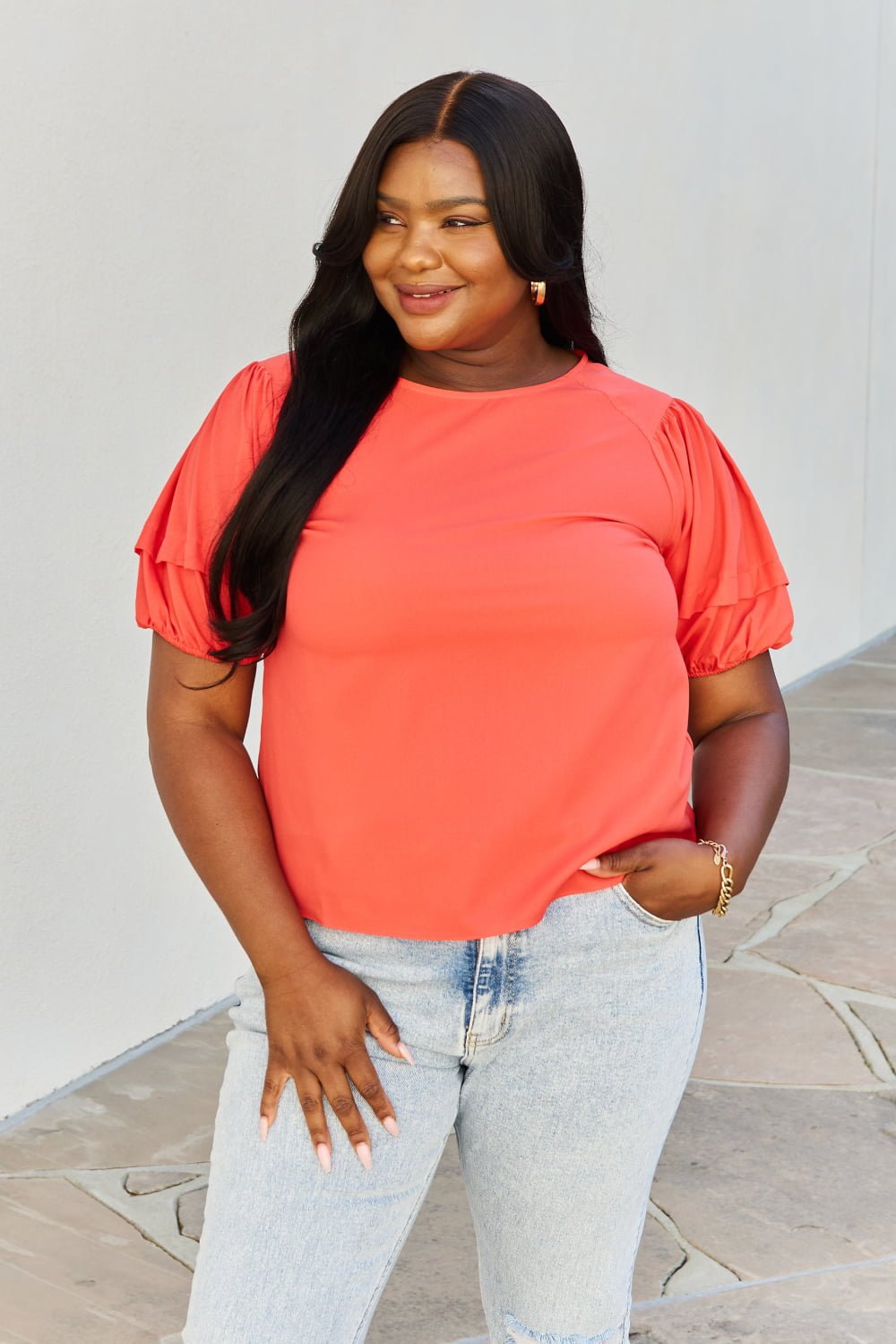 Petal Dew - Puff Short Sleeve Top In Orange - Red