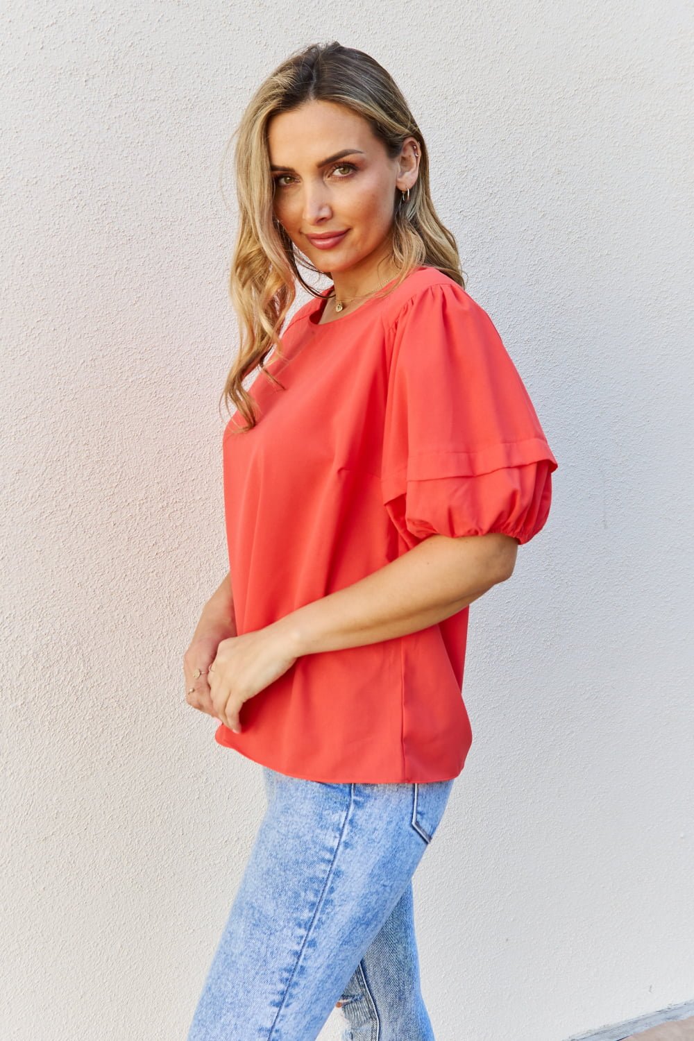 Petal Dew - Puff Short Sleeve Top In Orange - Red