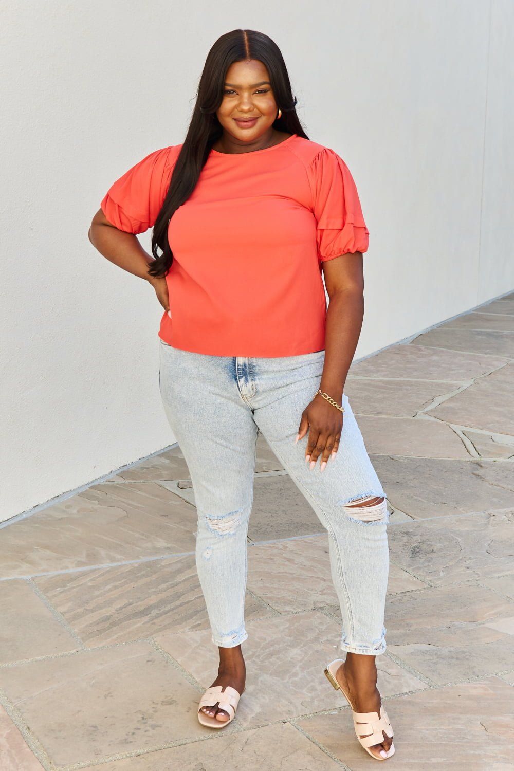 Petal Dew - Puff Short Sleeve Top In Orange - Red