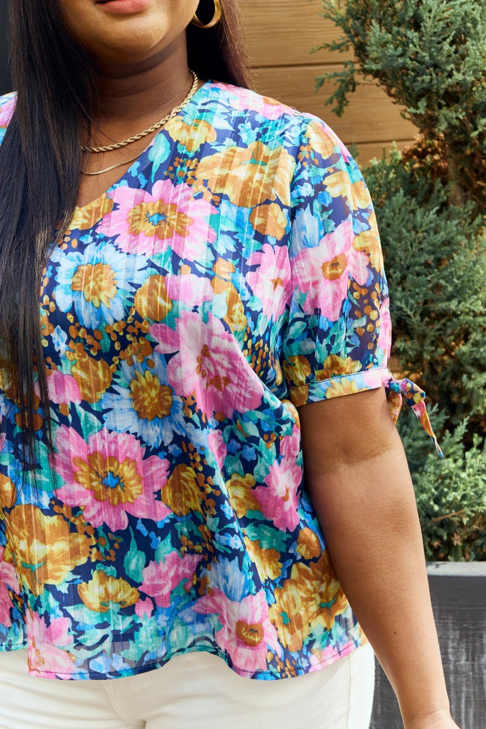 Petal DewFloral V - Neck Tie Detail Blouse in Navy Pink