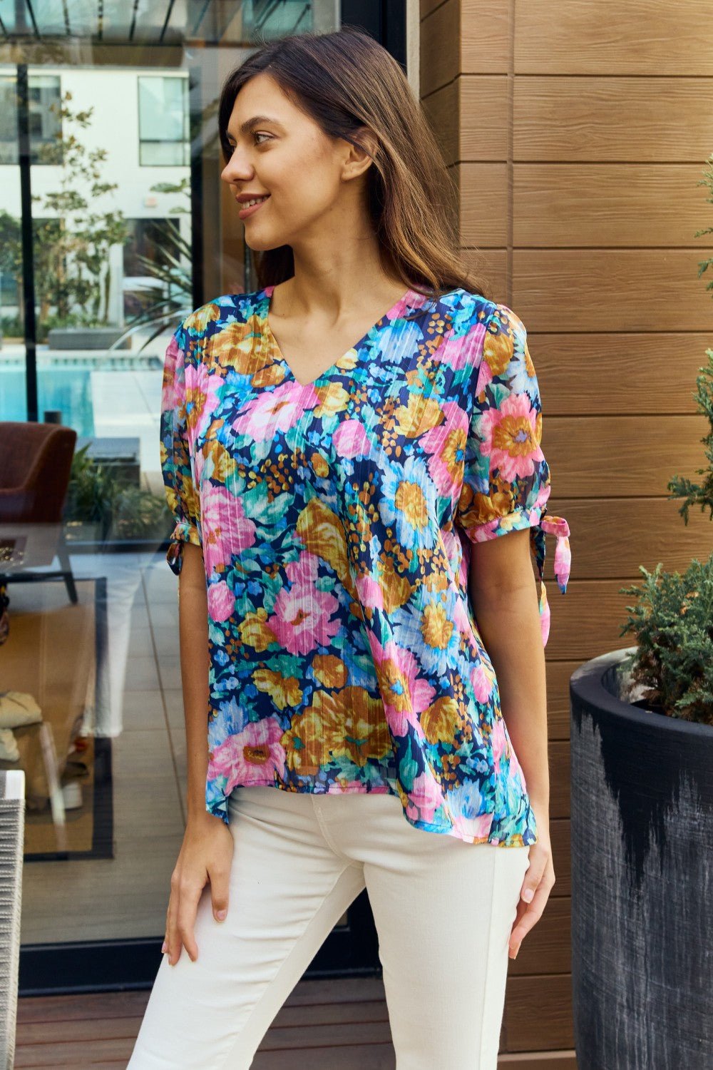 Petal DewFloral V - Neck Tie Detail Blouse in Navy Pink