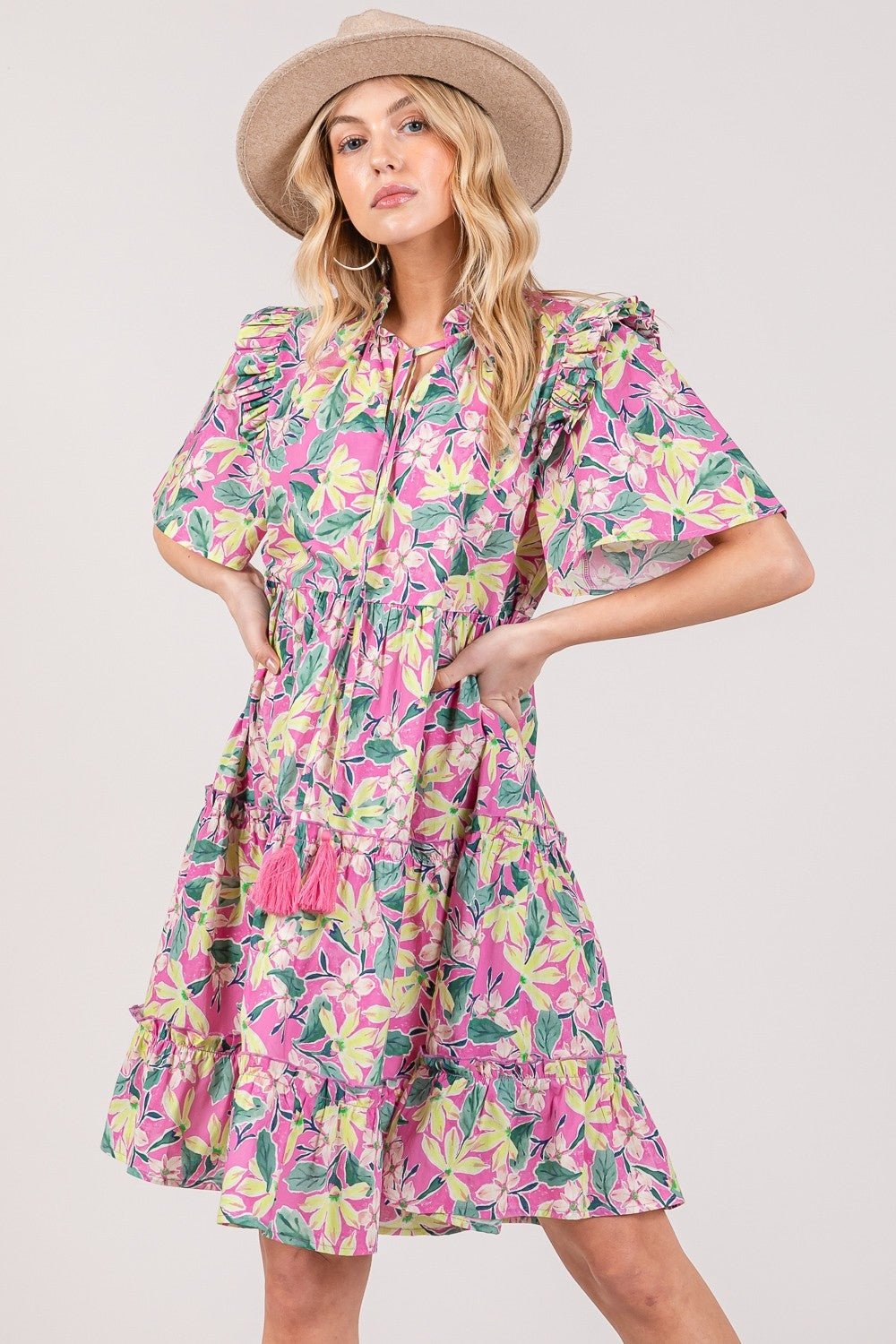 Pink Floral Ruffle Short Sleeve Mini DressMini DressSAGE+FIG