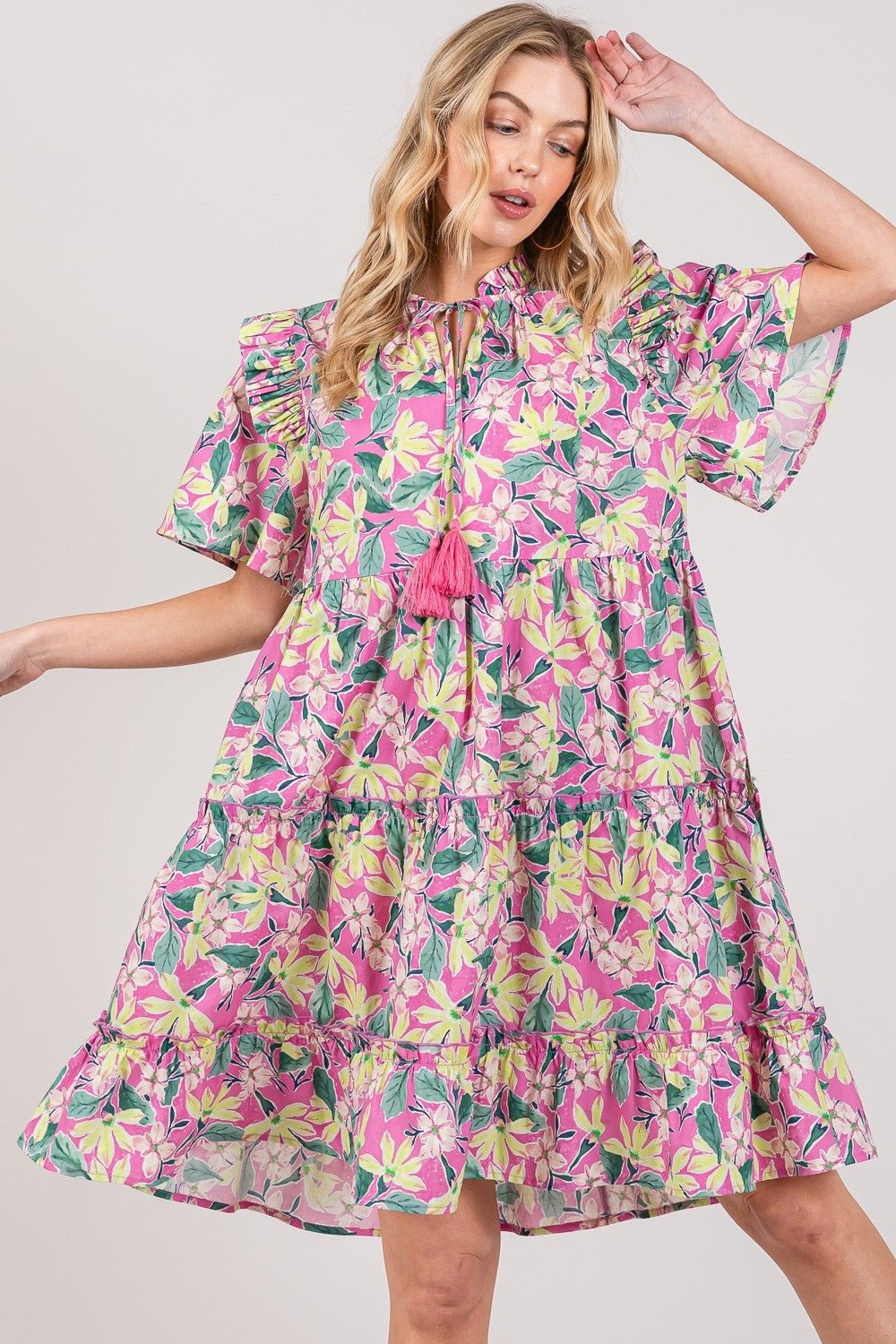 Pink Floral Ruffle Short Sleeve Mini DressMini DressSAGE+FIG