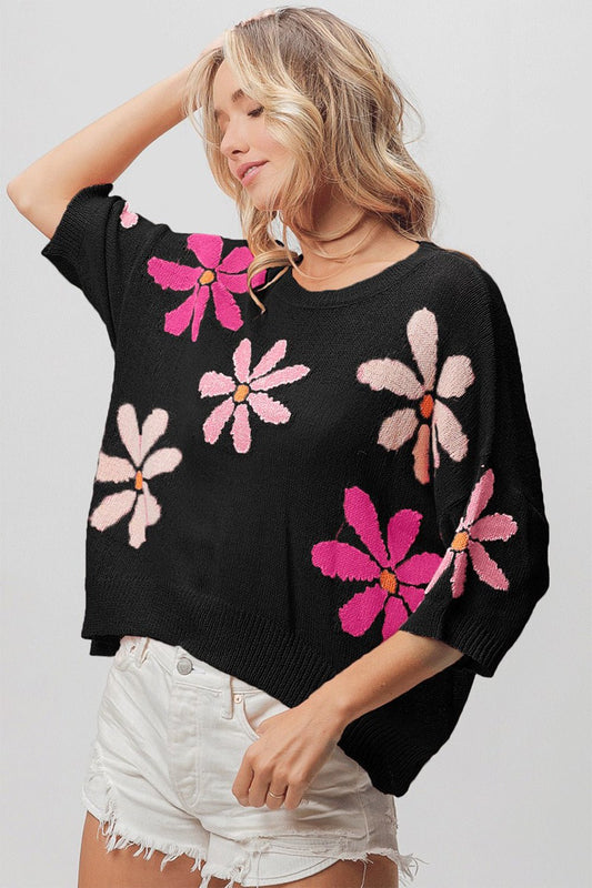 Pink Fuchsia Floral Pattern Cropped Sweater in BlackSweaterBiBi