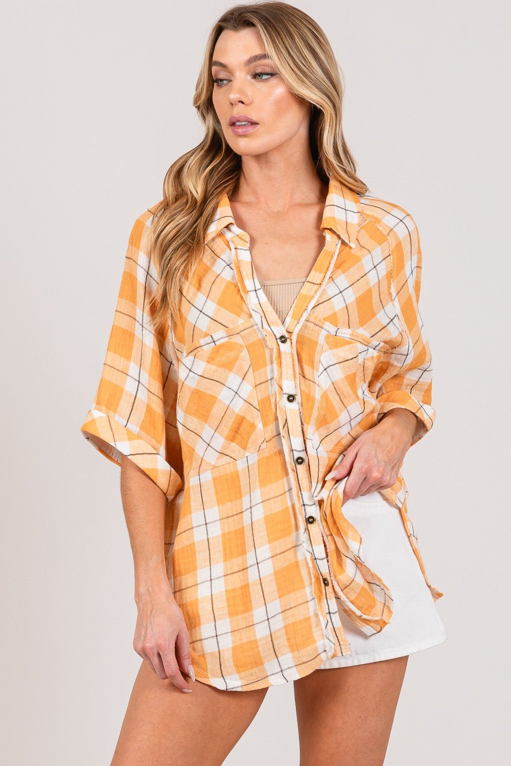 Plaid Button Up Tunic Shirt in ApricotShirtSAGE+FIG