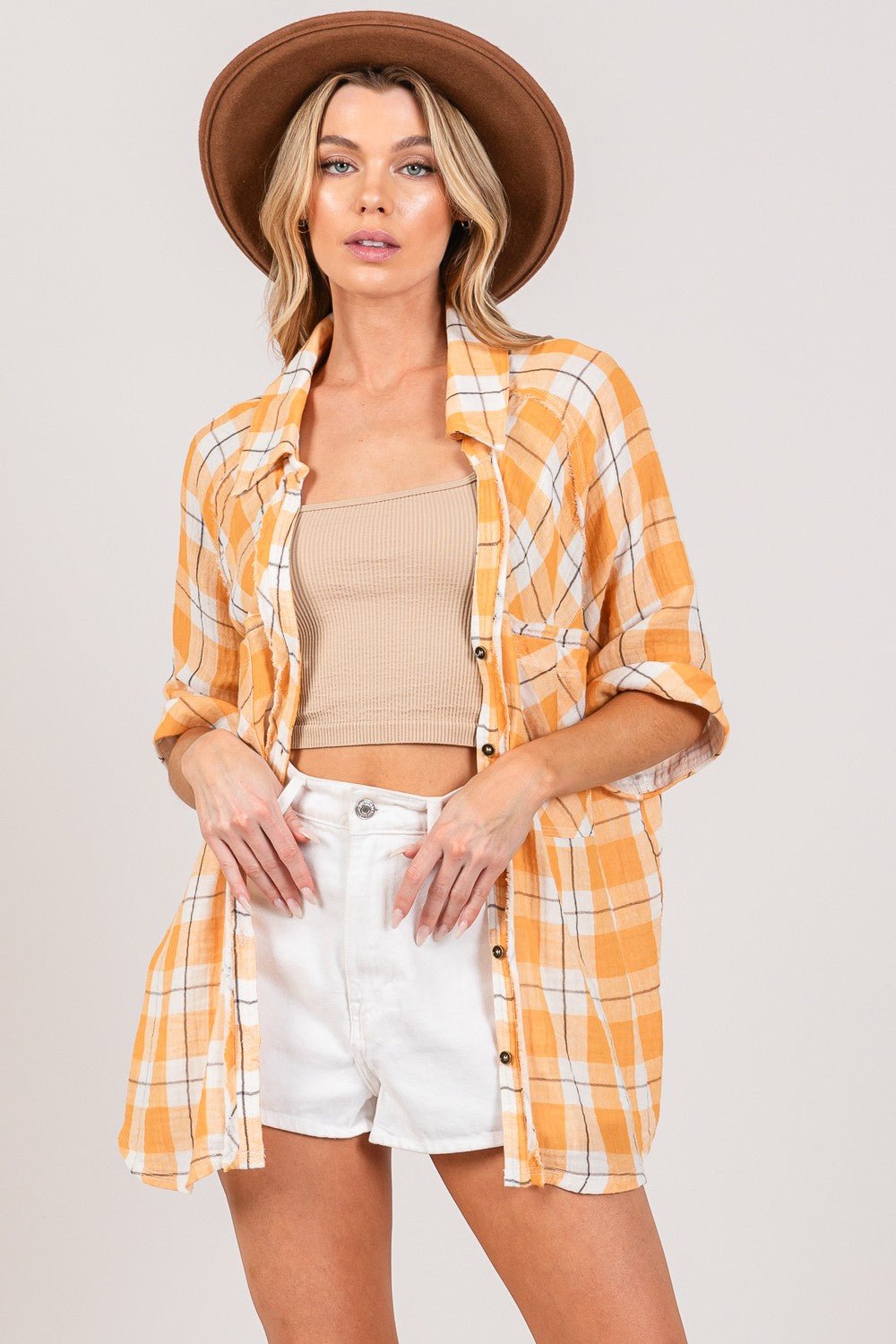 Plaid Button Up Tunic Shirt in ApricotShirtSAGE+FIG