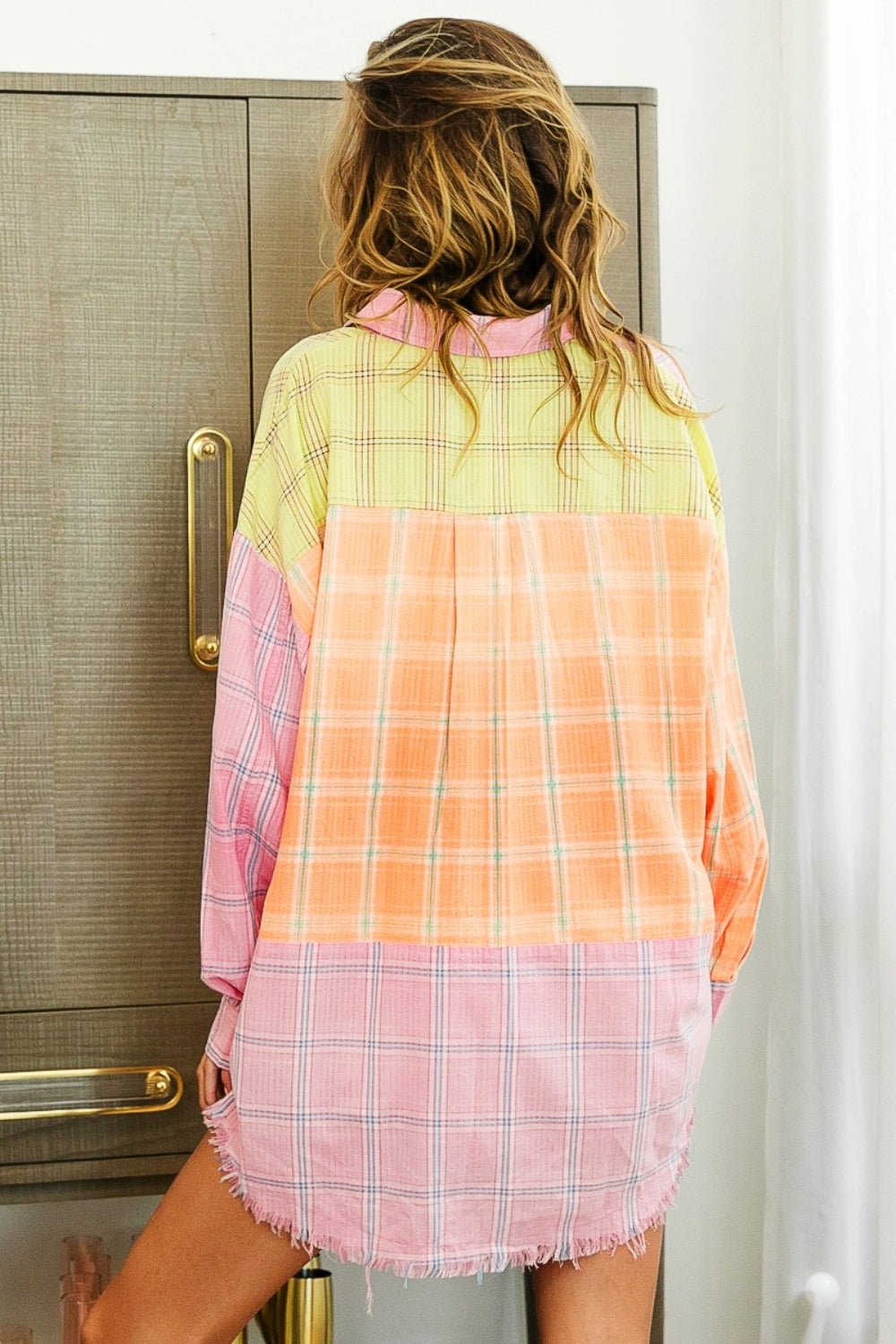 Plaid Color Block Raw Hem Shirt in PinkShirtBiBi