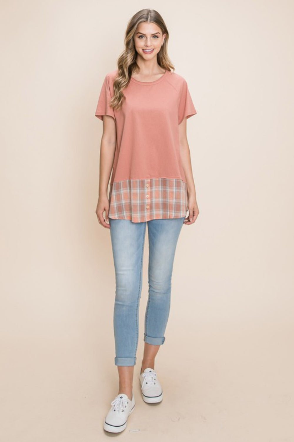 Plaid Contrast Short Sleeve T-Shirt in MarsalaT-ShirtCotton Bleu