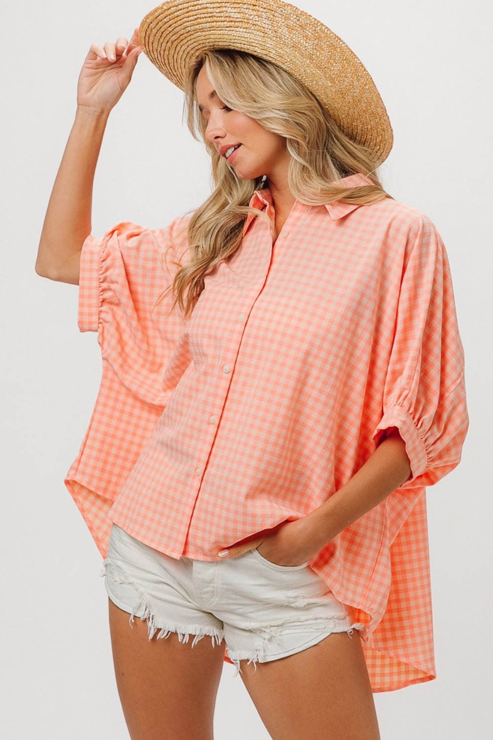 Plaid Dolman Sleeve Shirt in Blush/Light CoralShirtBiBi