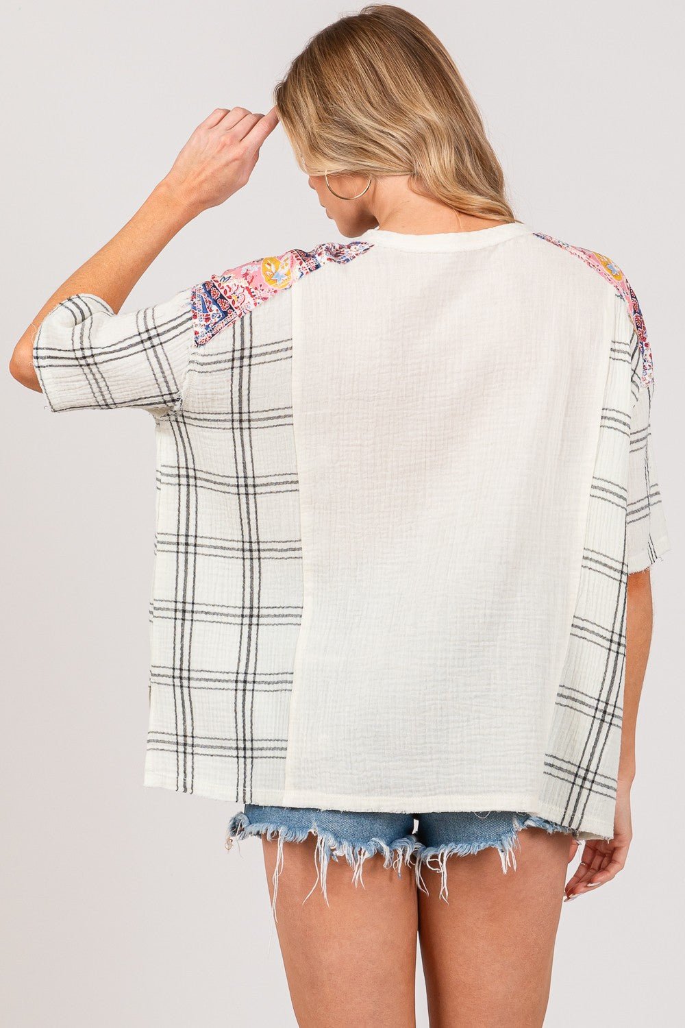 Plaid Half Button Half Sleeves Gauze Tunic Top in IvoryTopSAGE+FIG