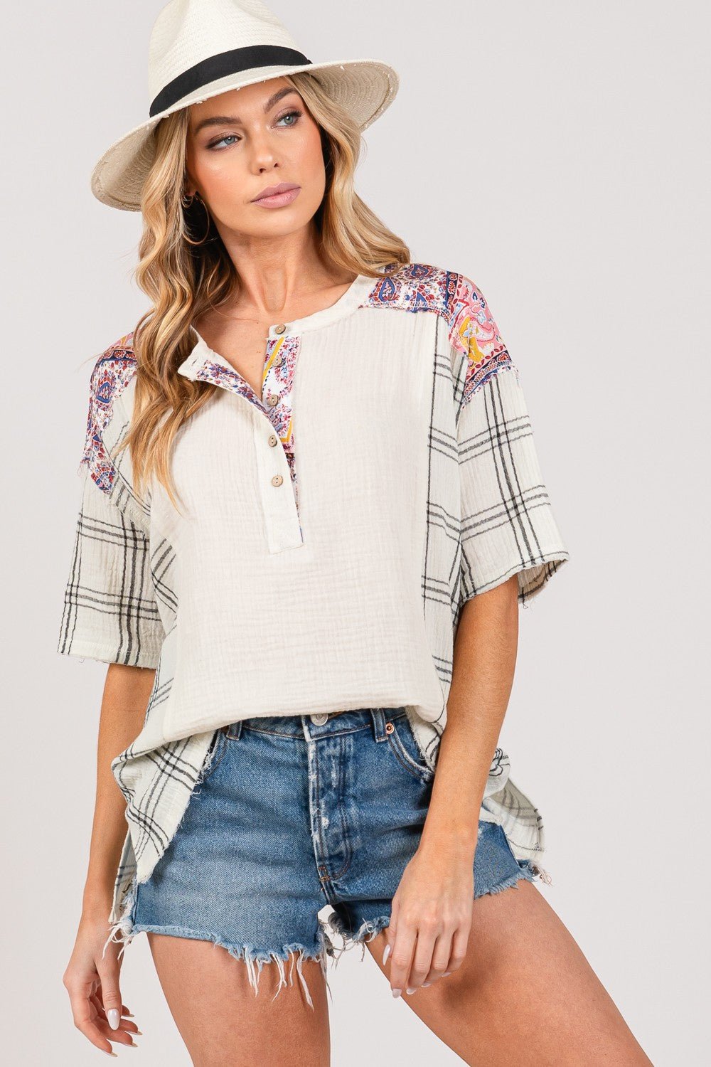 Plaid Half Button Half Sleeves Gauze Tunic Top in IvoryTopSAGE+FIG