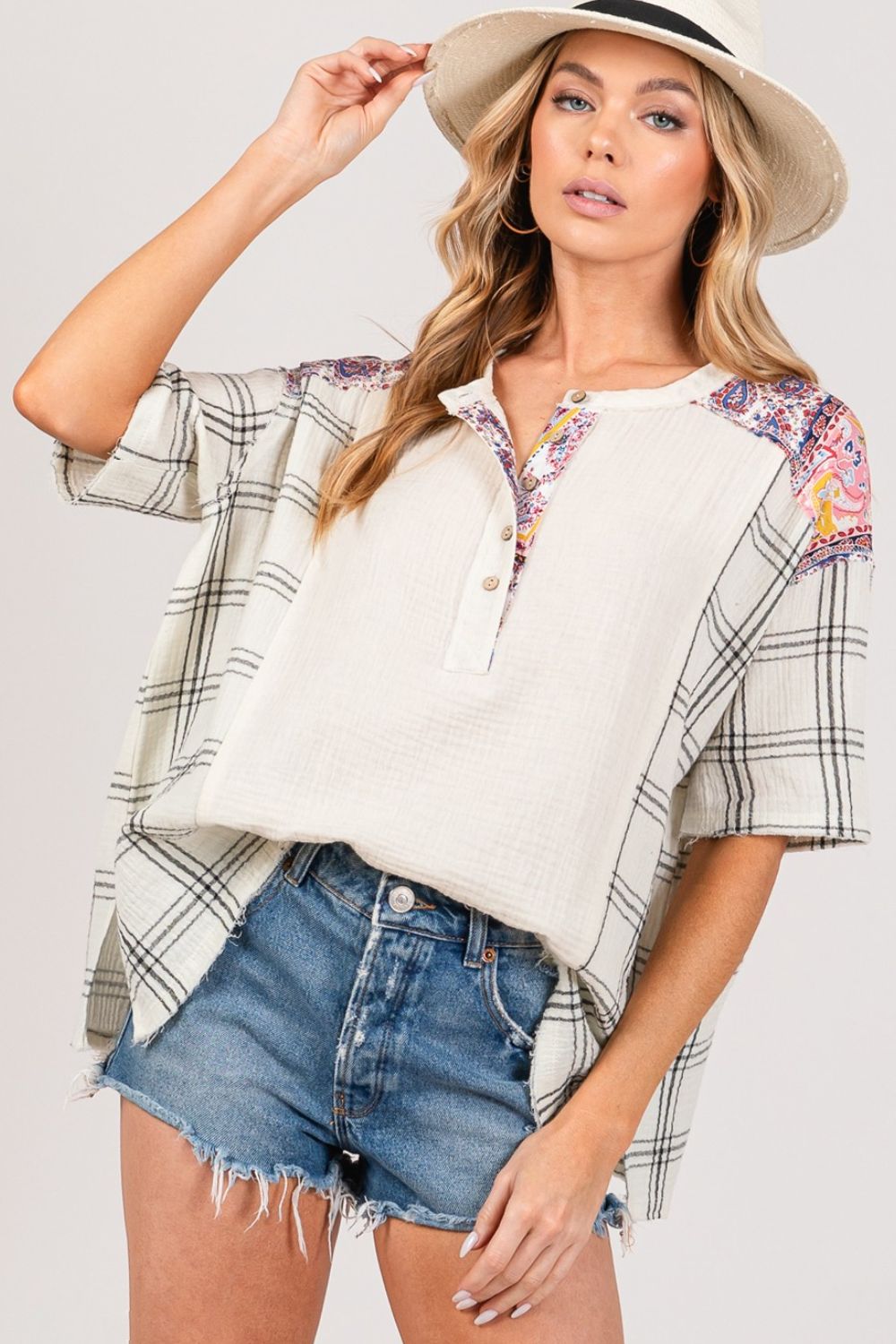 Plaid Half Button Half Sleeves Gauze Tunic Top in IvoryTopSAGE+FIG