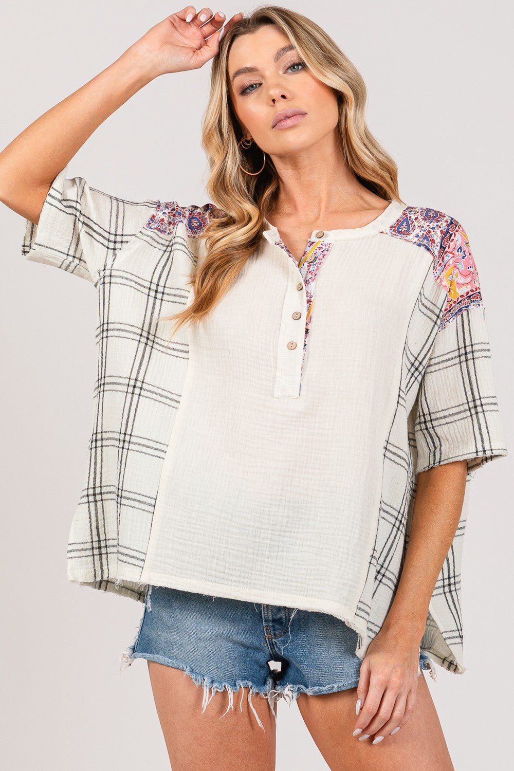 Plaid Half Button Half Sleeves Gauze Tunic Top in IvoryTopSAGE+FIG