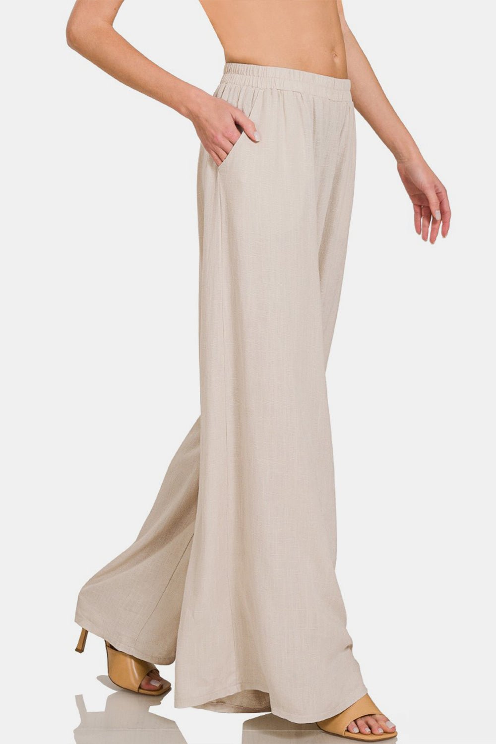 Pleated Linen Blend Wide Leg Pants in Sand BeigePantsZenana