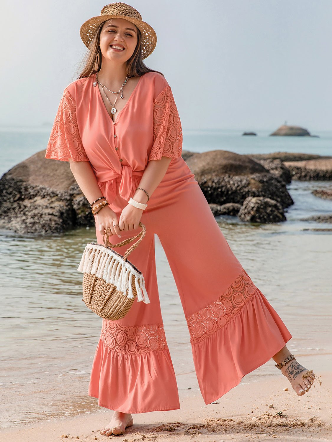 Plus Size Button Up Half Sleeve Top and Pants Set in CoralPants SetBeach Rose Co.