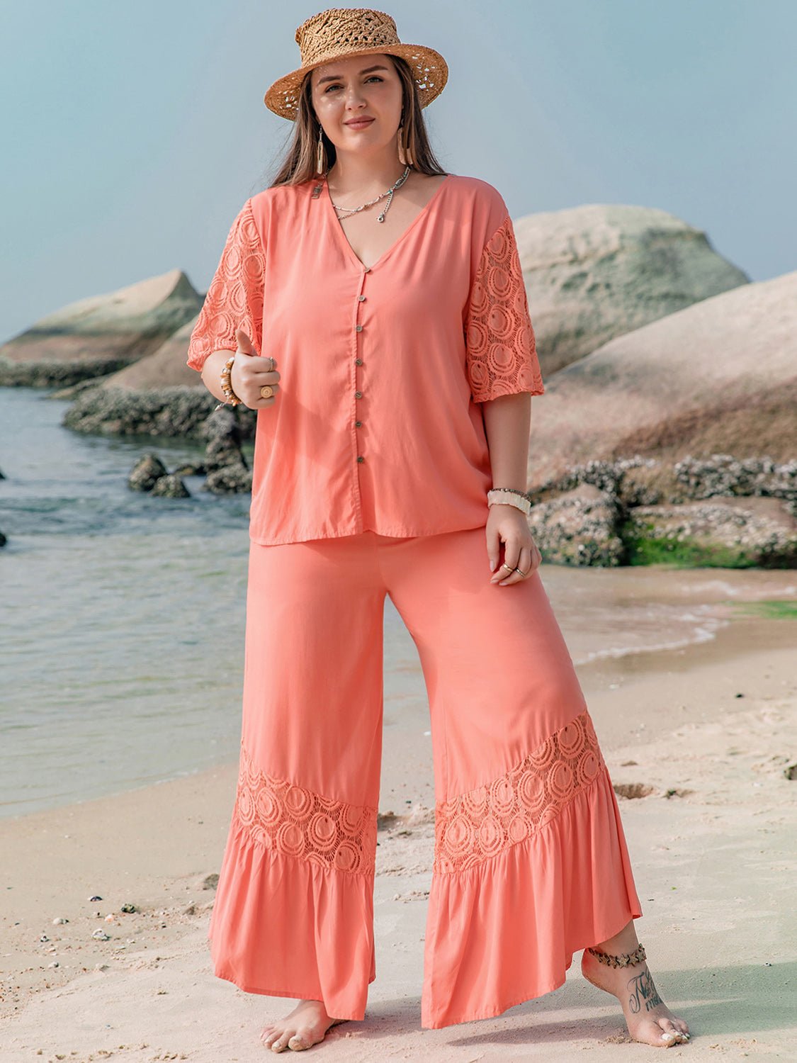 Plus Size Button Up Half Sleeve Top and Pants Set in CoralPants SetBeach Rose Co.