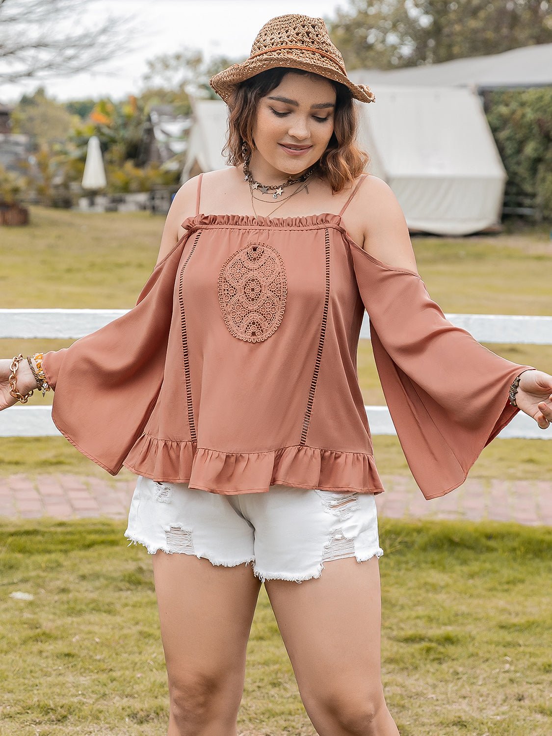 Plus Size Cold Shoulder Long Sleeve Blouse in CaramelBlouseBeach Rose Co.