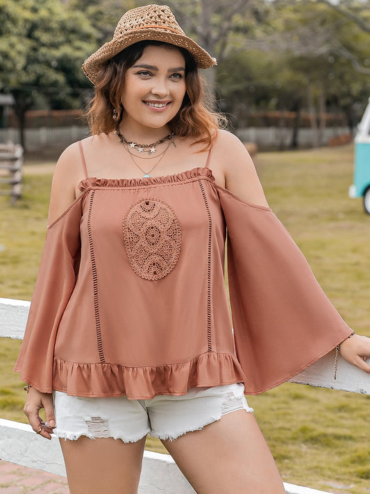 Plus Size Cold Shoulder Long Sleeve Blouse in CaramelBlouseBeach Rose Co.