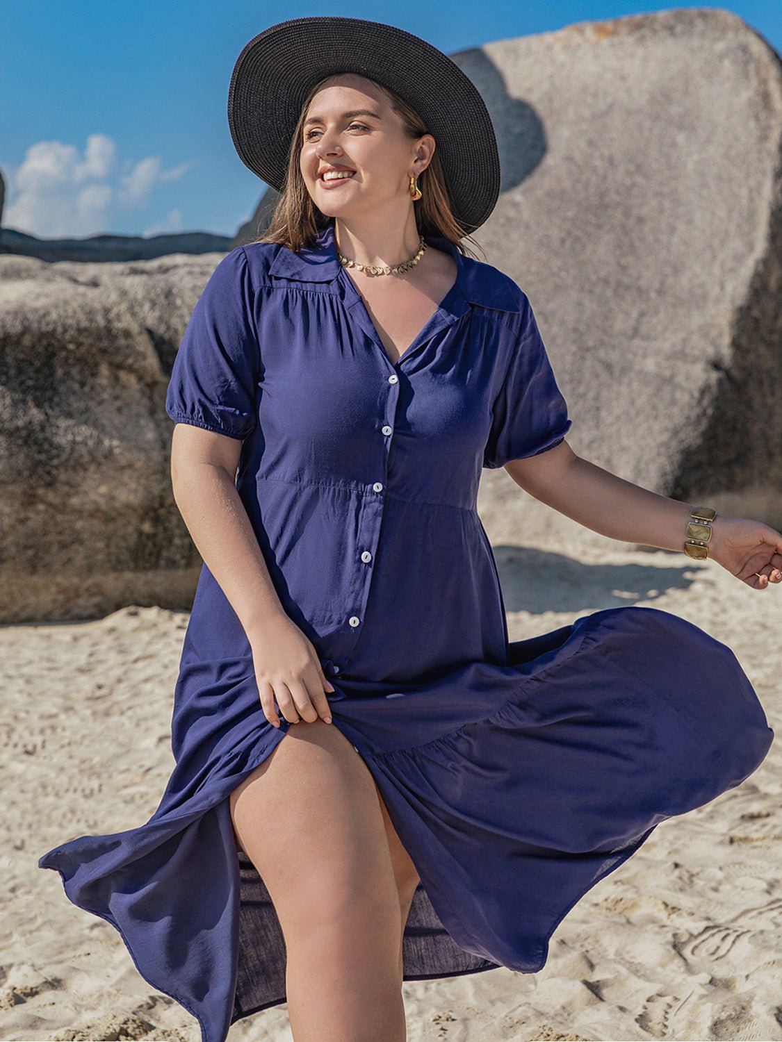 Plus Size Collared Short Sleeve Maxi Dress in Dark BlueMaxi DressBeach Rose Co.