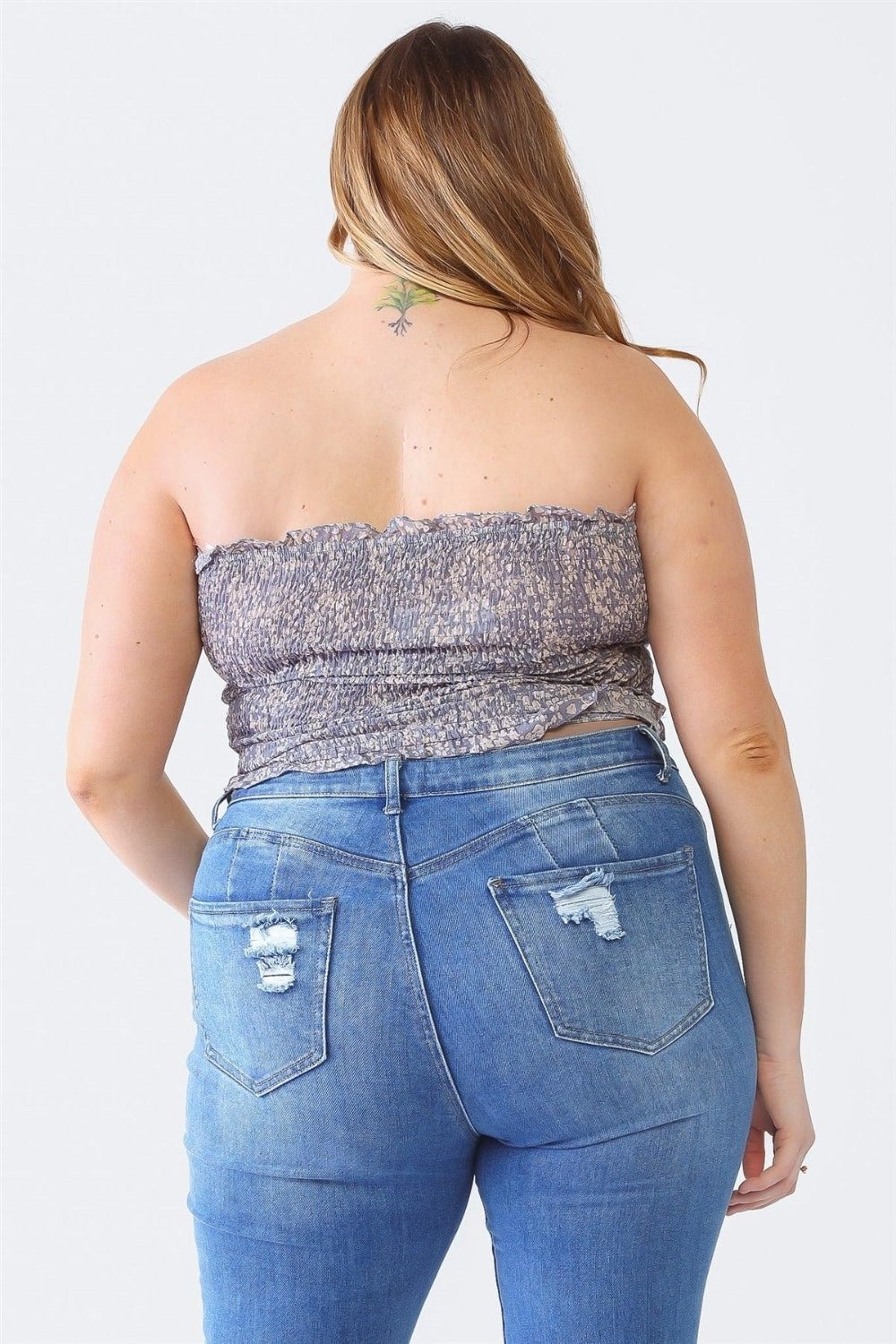 Plus Size Drawstring Smocked Floral Tube Top in Denim BlueTopZENOBIA