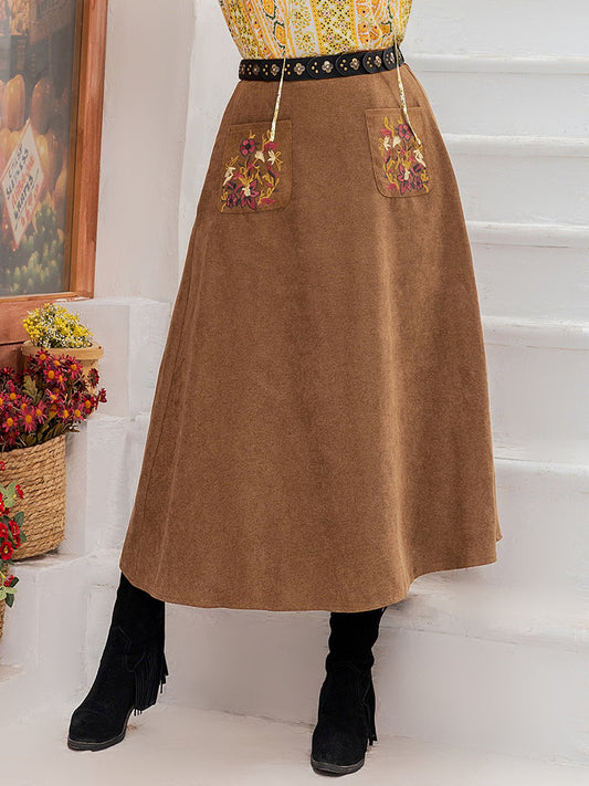 Plus Size Embroidered High Waist Midi Skirt in CaramelMidi SkirtBeach Rose Co.