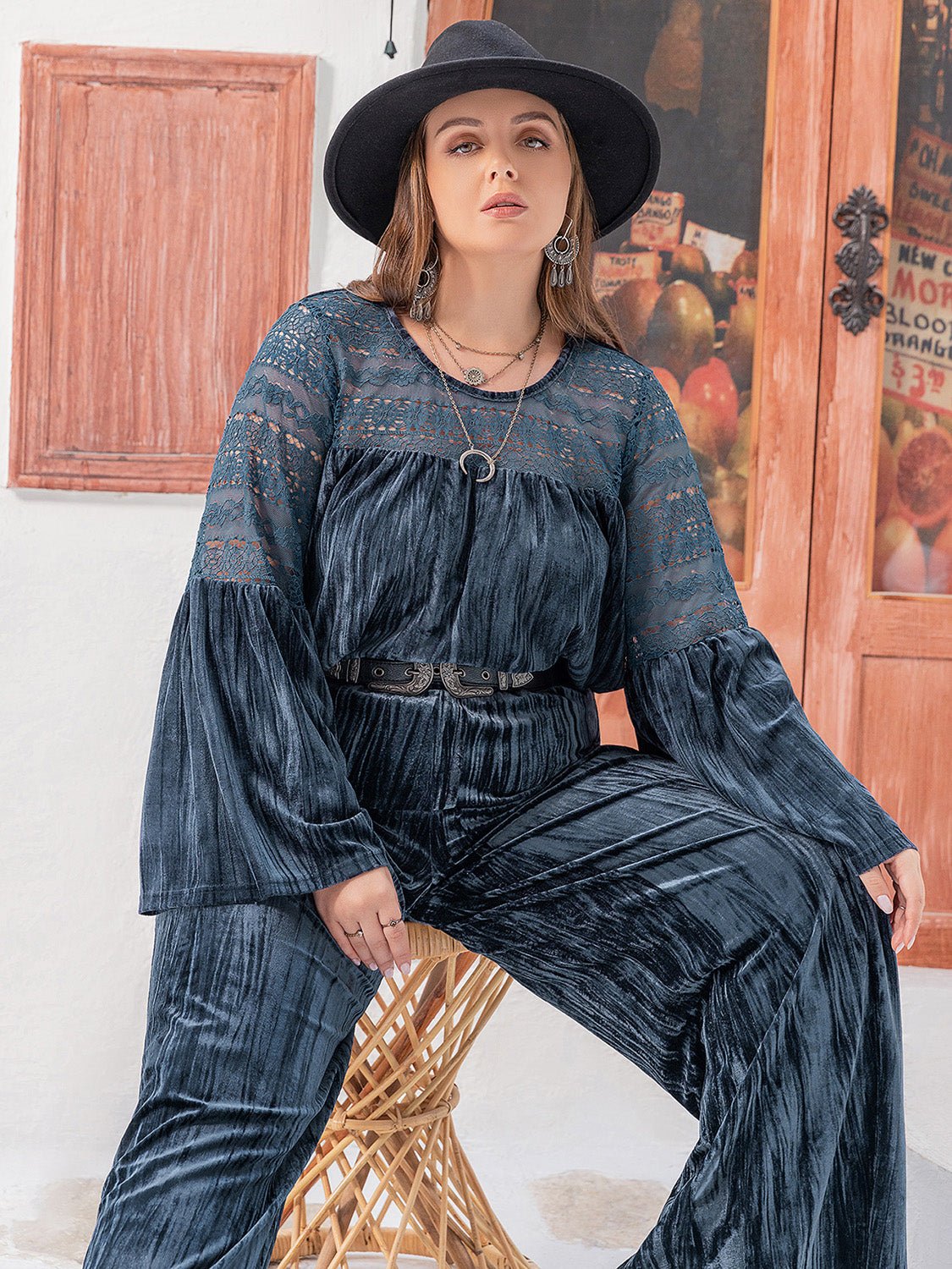 Plus Size Flare Sleeve Top and Pants Set in Peacock BluePants SetBeach Rose Co.