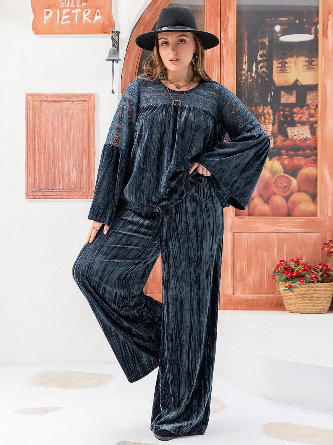 Plus Size Flare Sleeve Top and Pants Set in Peacock BluePants SetBeach Rose Co.