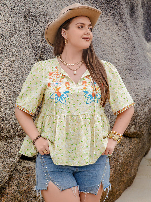 Plus Size Floral Half Sleeve Blouse in Yellow GreenBlouseBeach Rose Co.