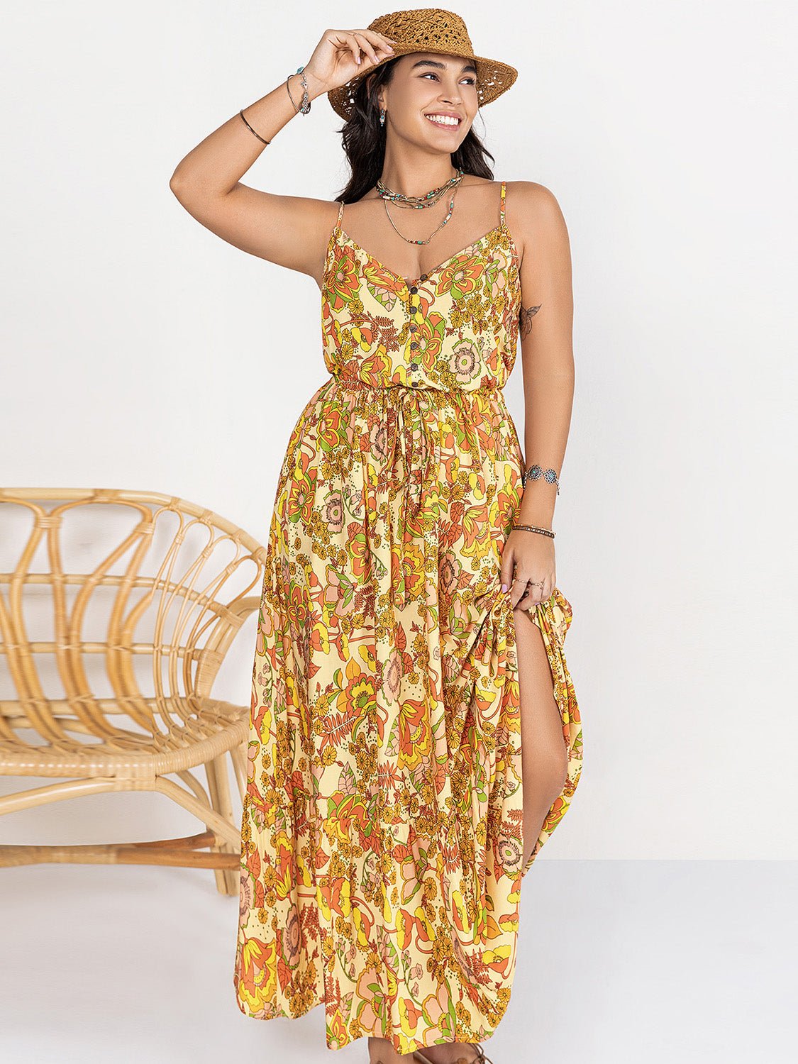Plus Size Floral Print Maxi Cami Dress in GoldMaxi DressBeach Rose Co.