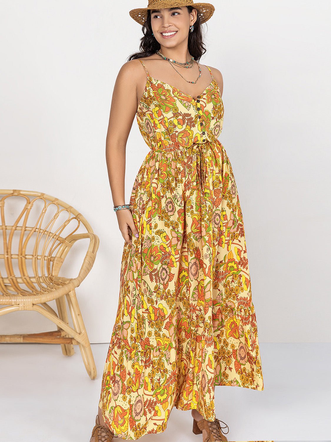 Plus Size Floral Print Maxi Cami Dress in GoldMaxi DressBeach Rose Co.