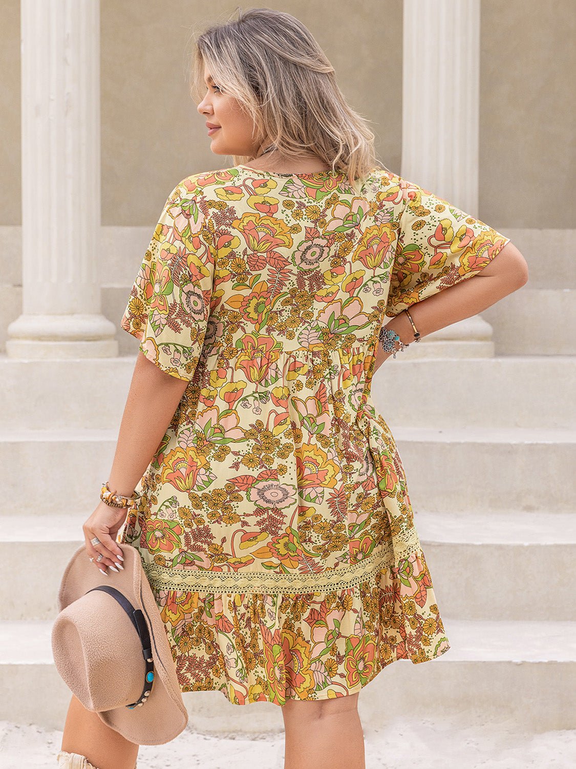 Plus Size Floral Print Short Sleeve Mini Dress in ApricotMini DressBeach Rose Co.