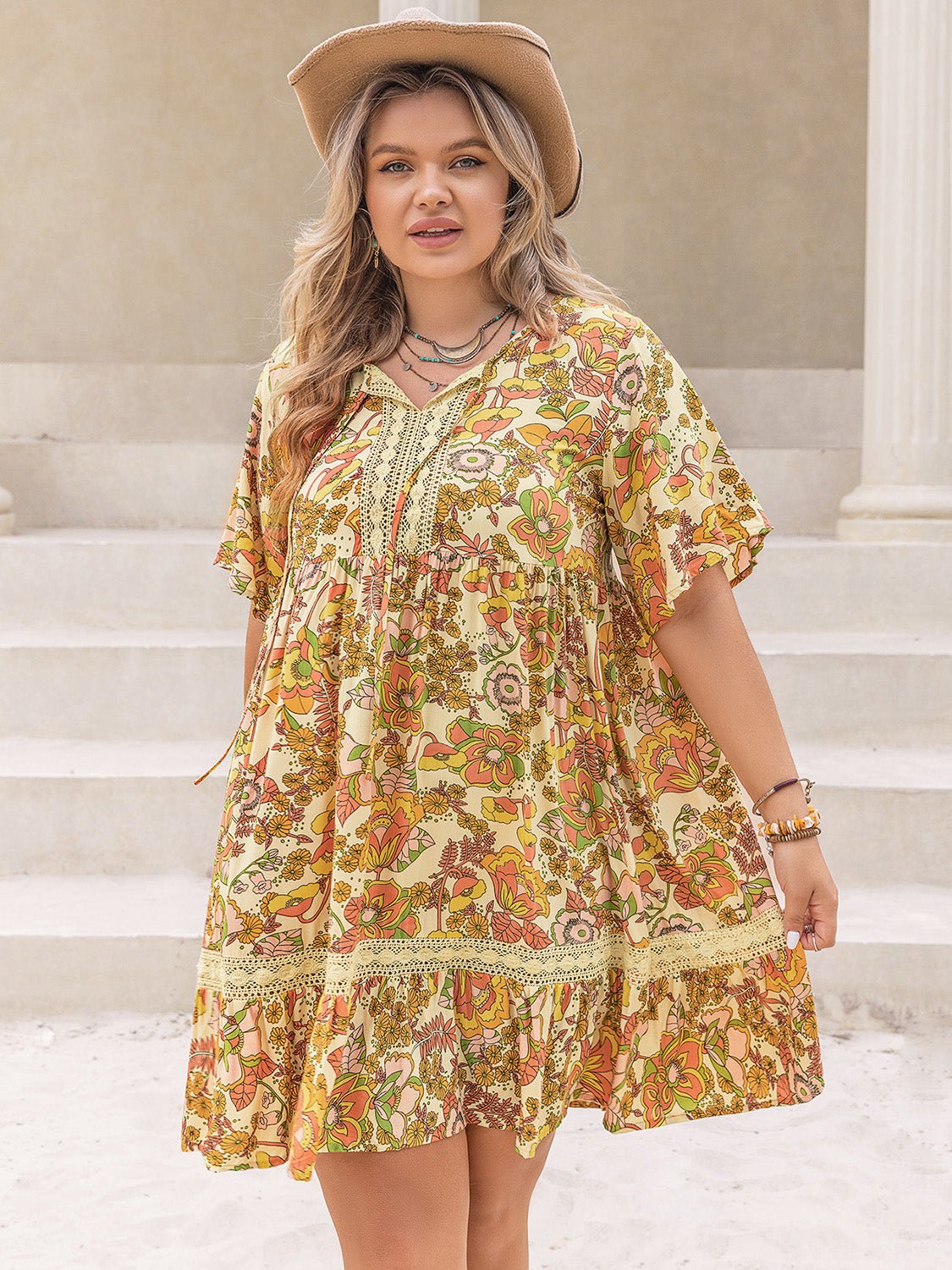 Plus Size Floral Print Short Sleeve Mini Dress in ApricotMini DressBeach Rose Co.