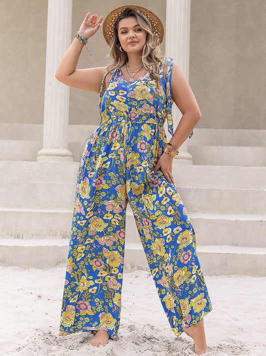 Plus Size Floral Print Sleeveless Wide Leg Jumpsuit in BlueJumpsuitBeach Rose Co.