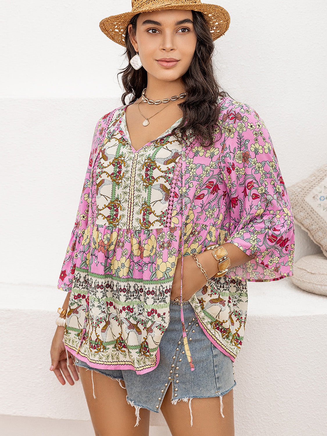 Plus Size Floral Print Three-Quarter Sleeve Blouse in PinkBlouseBeach Rose Co.