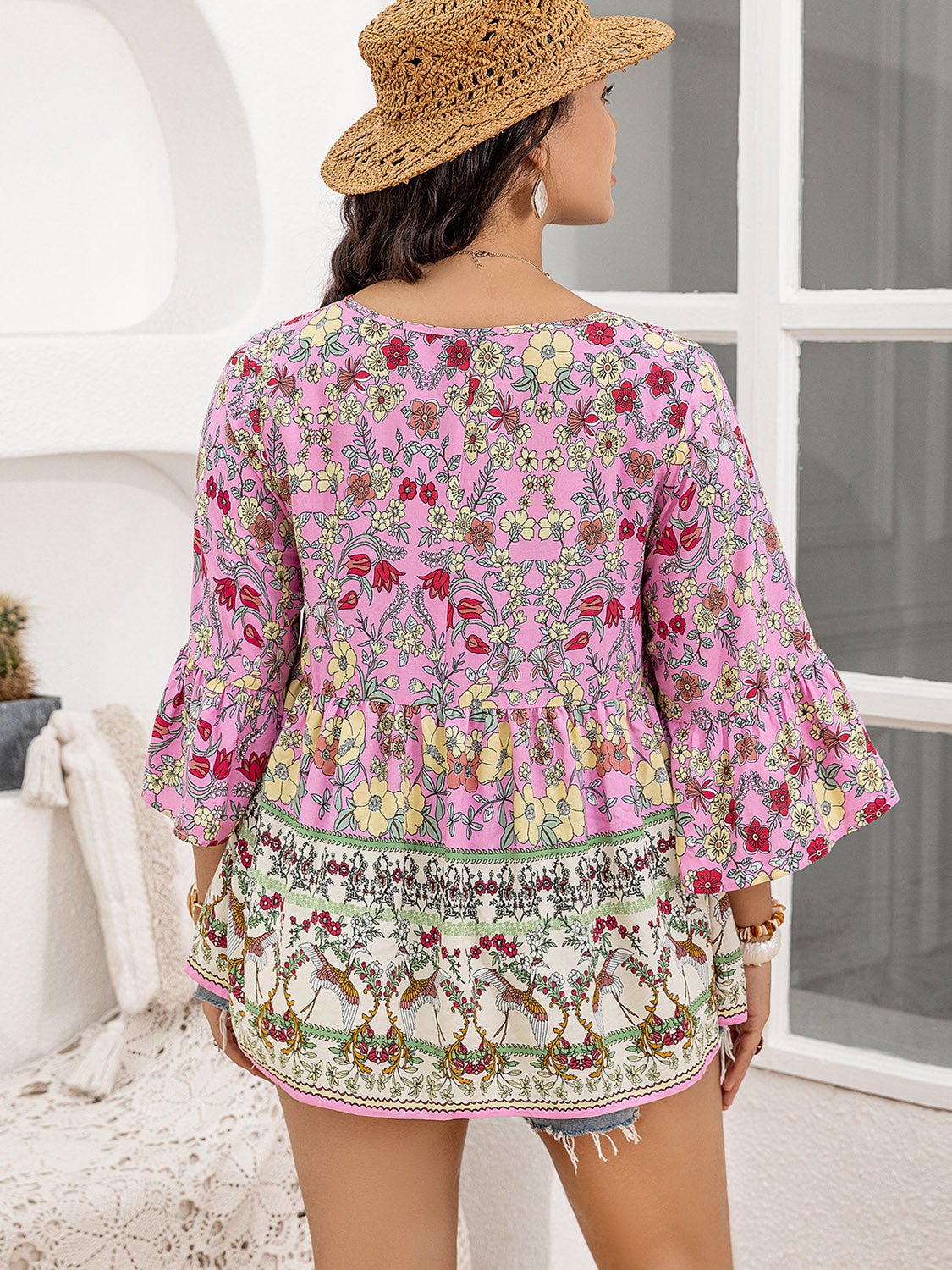 Plus Size Floral Print Three-Quarter Sleeve Blouse in PinkBlouseBeach Rose Co.