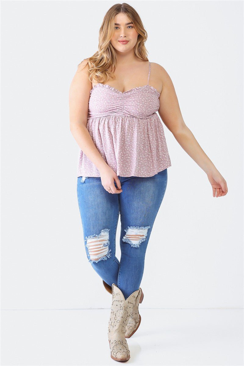 Plus Size Frill Smocked Floral Sweetheart Neck CamiCamisoleZENOBIA