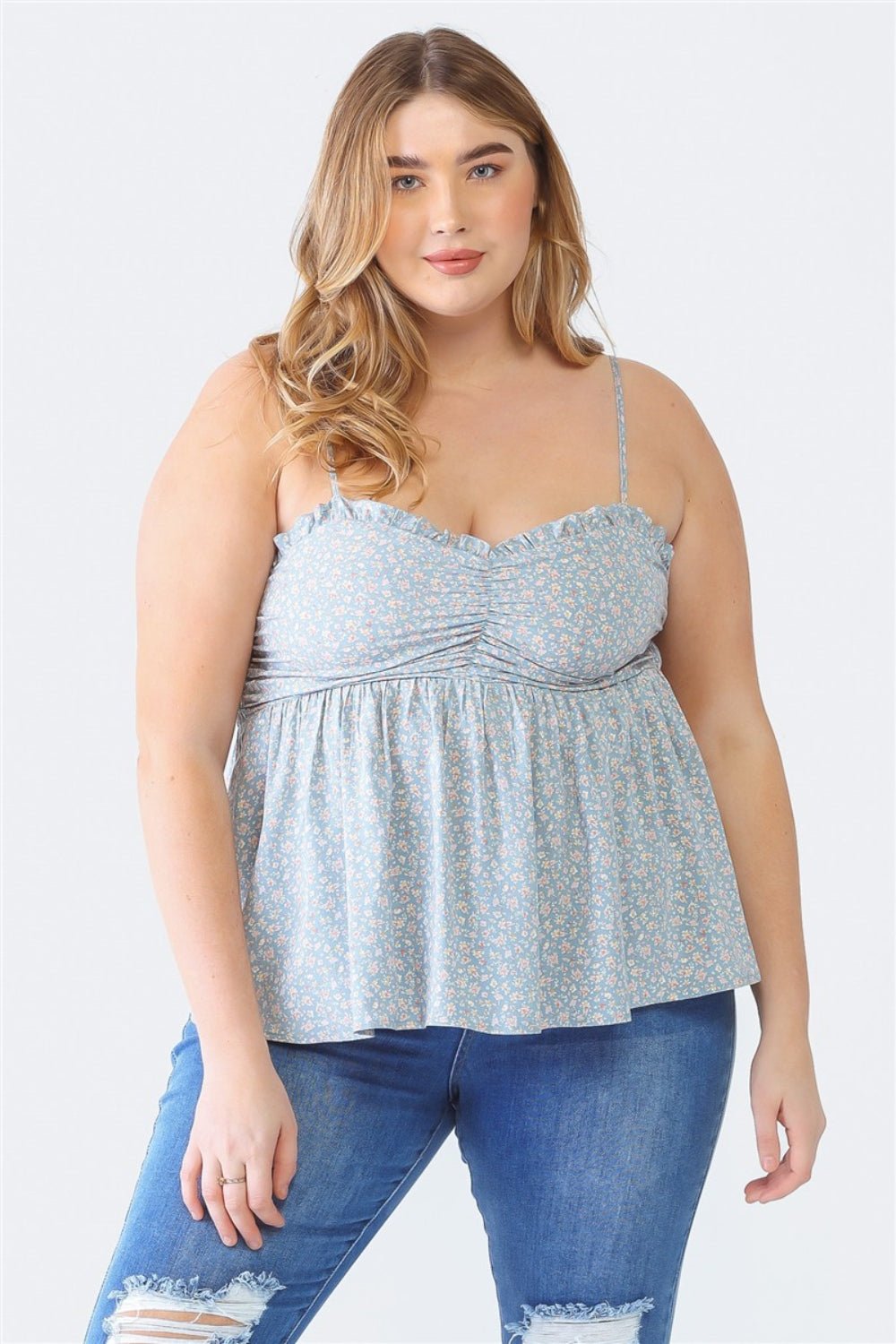 Plus Size Frill Smocked Floral Sweetheart Neck CamiCamisoleZENOBIA